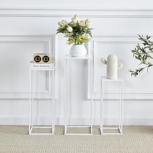 Miniatura 8 de Mxfurhawa Juego de 3 soportes de metal para plantas de 2755 pulgadas mesa auxiliar de anidación blanca soporte de flores cuadrado estante de esquina