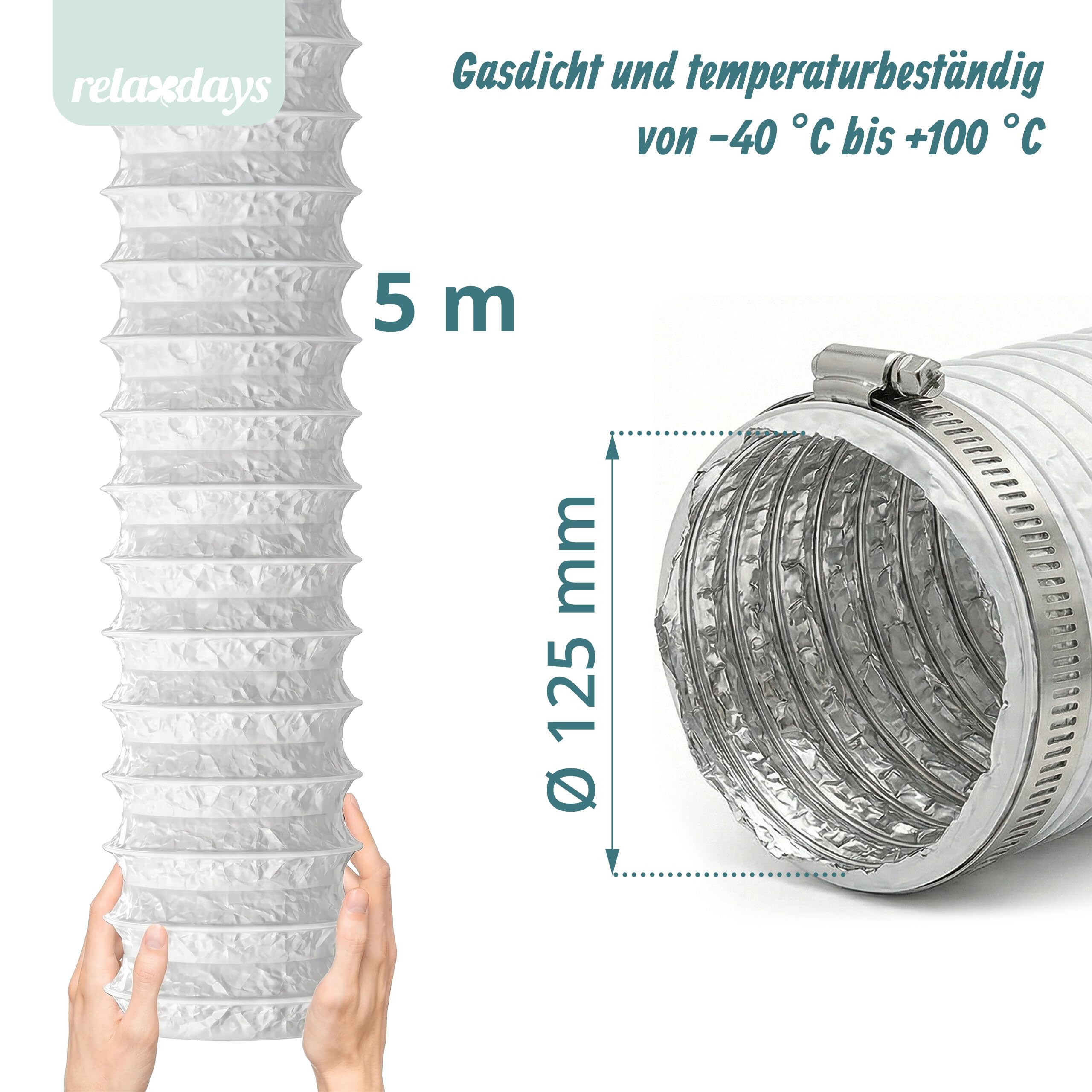 Relaxdays Abluftschlauch, 2 Schellen, Ø 125 mm, 5 m, PVC, Aluminium, gasdicht, temperaturbeständig, Luftschlauch, weiß