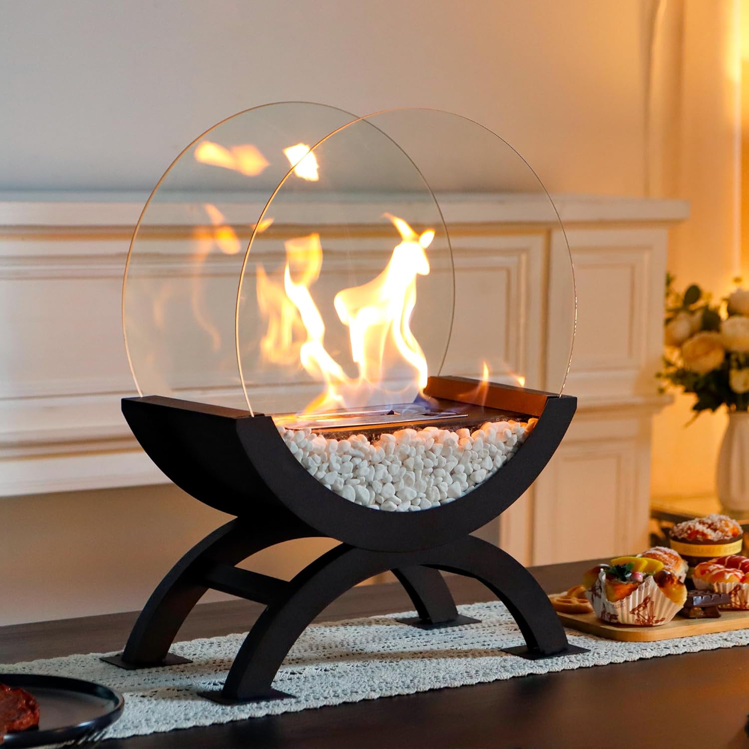JHY DESIGN Round Glass Large Tabletop Fireplace 19" H Portable Fire Bowl Pot Clean Burning Bio Ethanol Ventless Fireplace for Indoor Outdoor Patio Parties Events(Black)