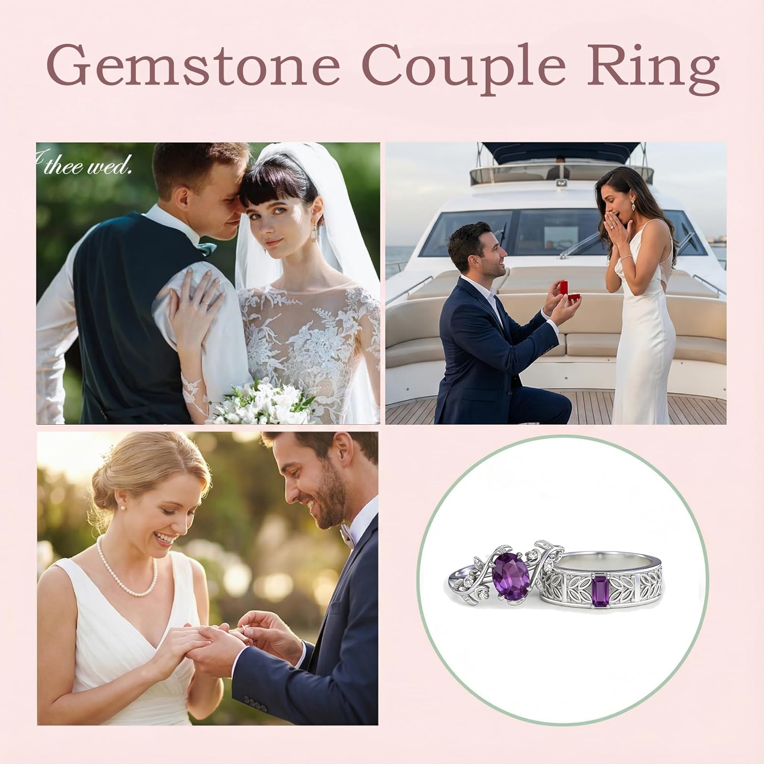 1 Carat Oval Cut Gemstone Art Deco Promise Couple Ring for Him and Her 925 Sterling Silver Retro Style Leaf Birthstone Wedding Band Ring Set for Anniversary Jewelry Size 3-18