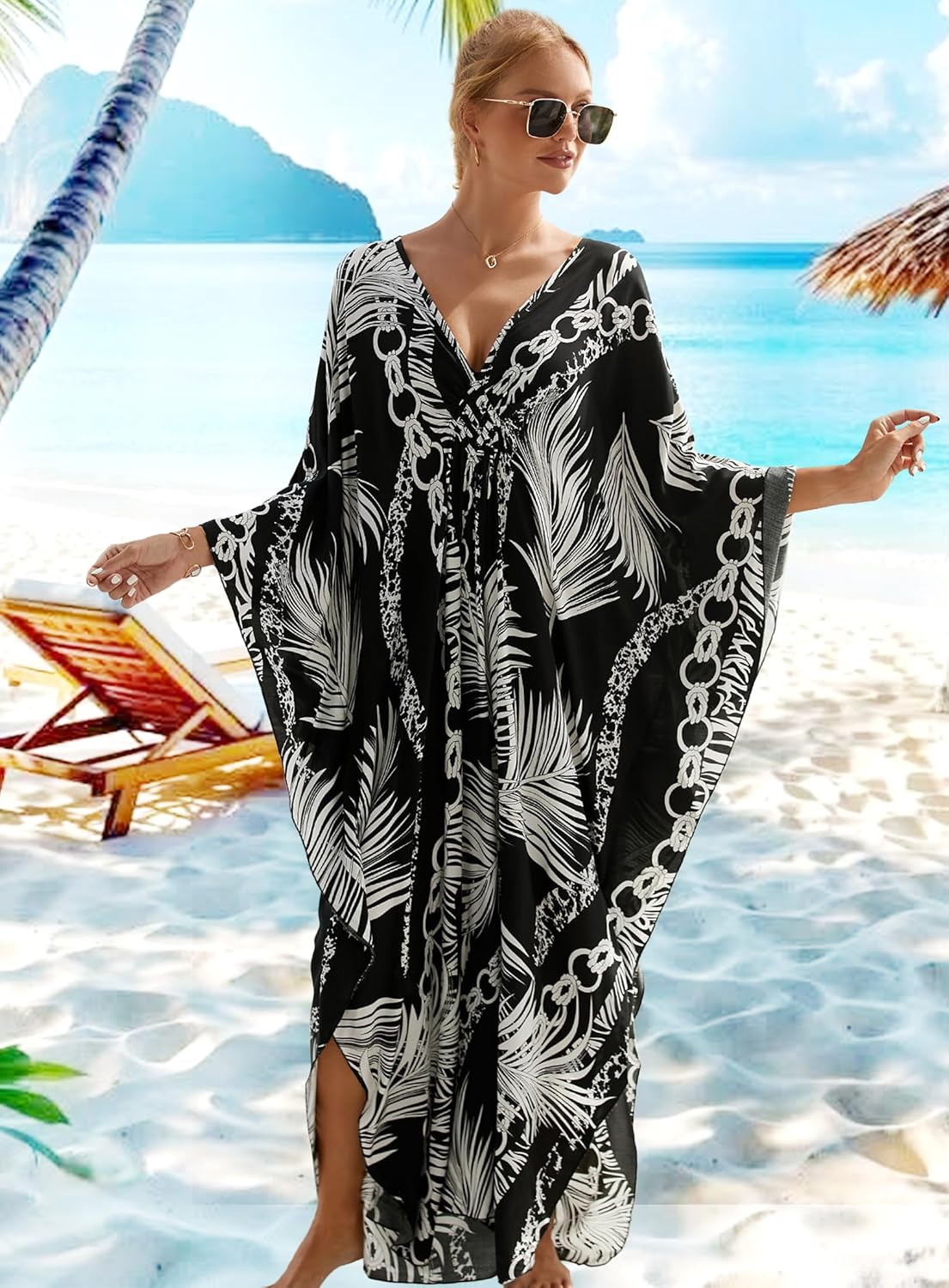 Women's Kaftan Dress Plus Size Moo Moos Print Batwing Sleeves Beach Cover Up for Swimsuit, Lightweight Caftan Dress - Image 2