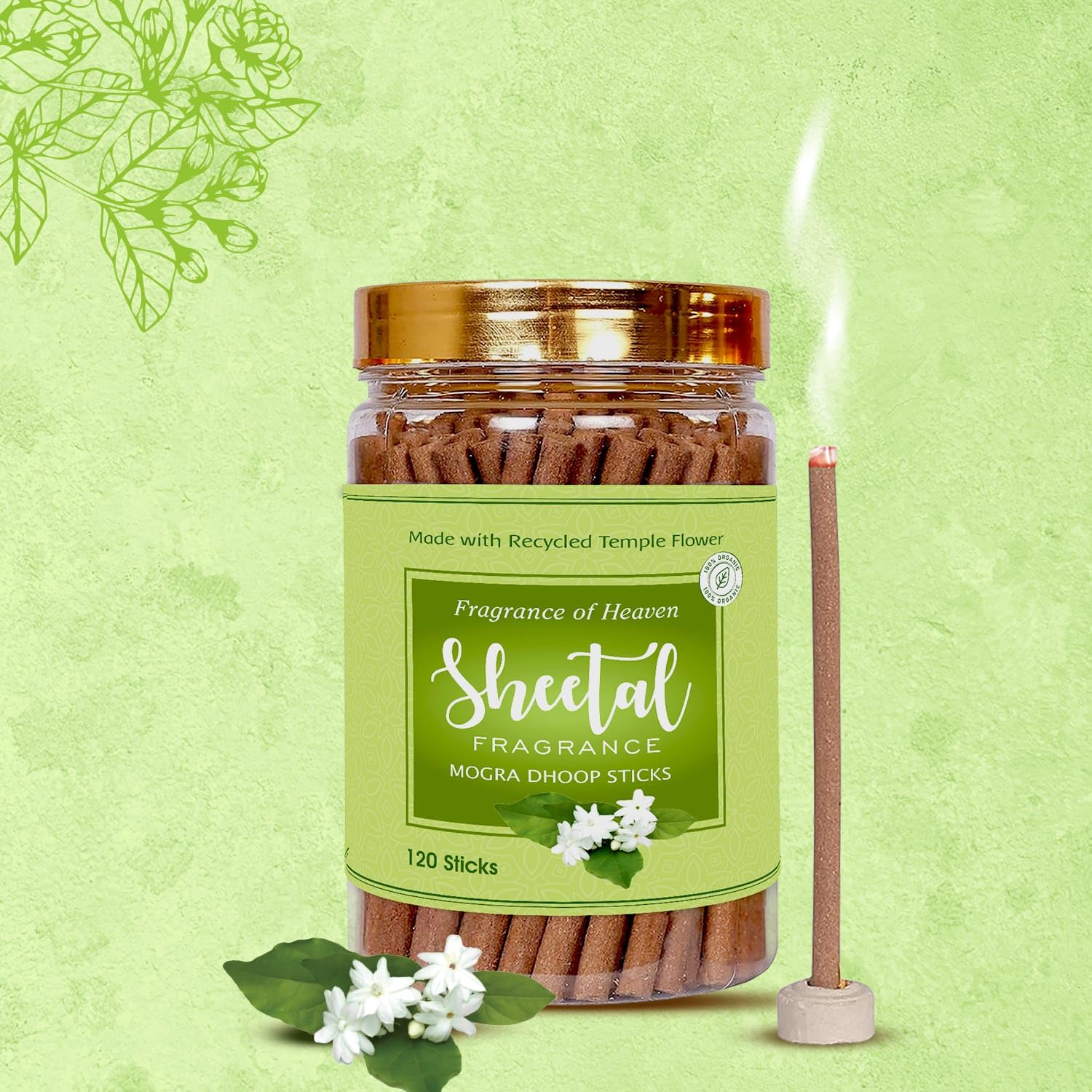 Mogra Dhoop Sticks Made with Organic Recycled Flowers from Temples 4 Inch Sticks for Pooja 120 Count in Jar Box