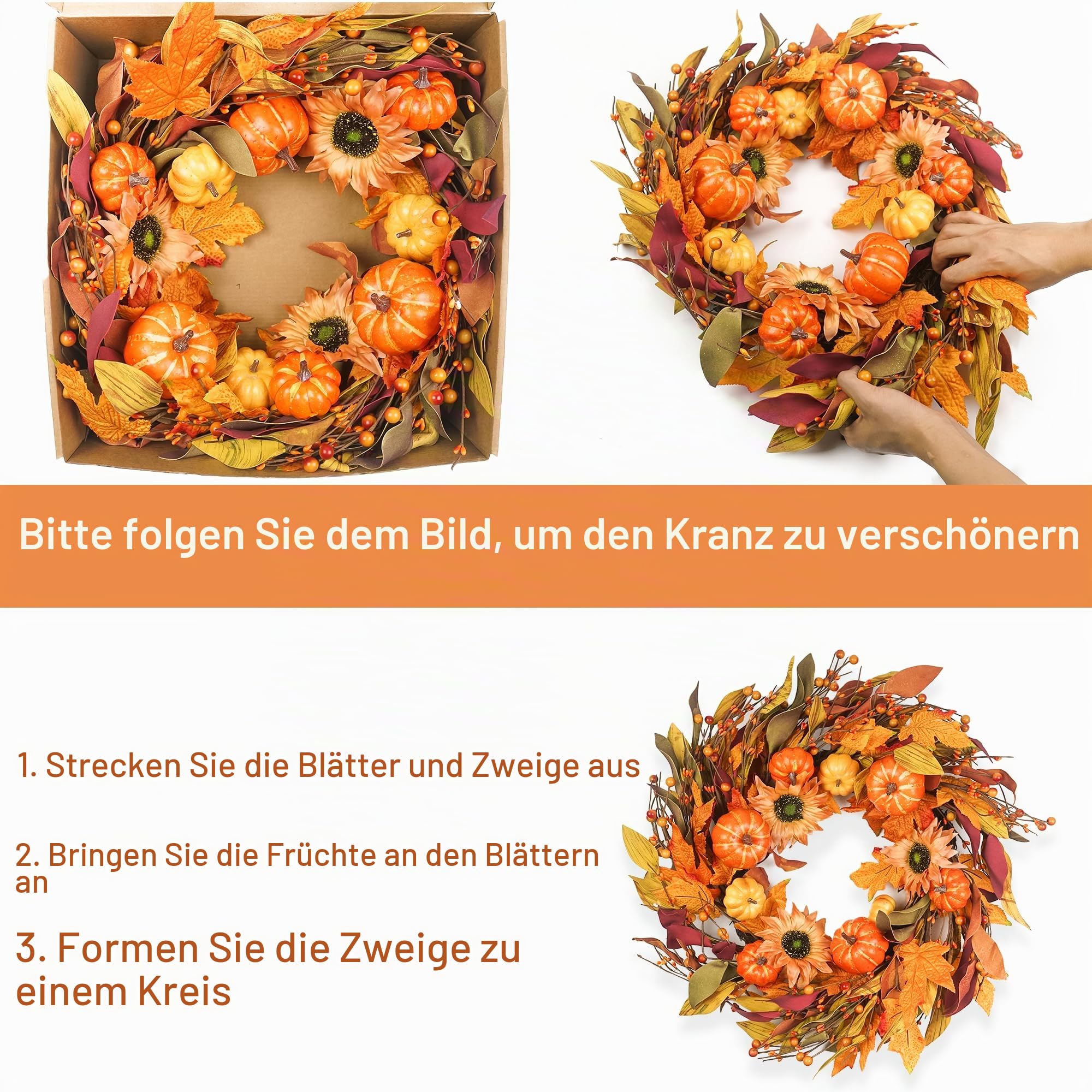 Herbstkränze für Haustür, 55,9 cm, Herbstkranz mit Beerenkürbis, Ahornblättern, Erntedankfest-Dekorationen für drinnen und draußen