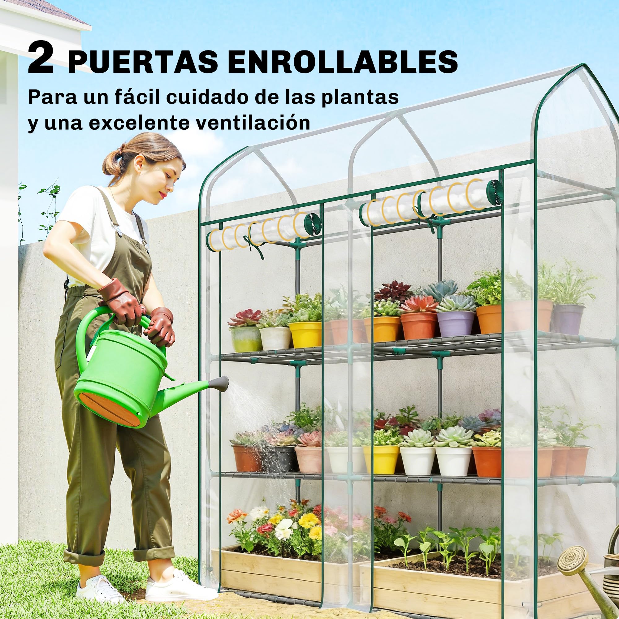 Outsunny Invernadero Pequeño de 3 Niveles 143x46x165 cm Transparente | Invernadero de Exterior, 2 Puertas Enrollables, Marco de Acero, Cubierta de Plástico Anti-UV, para Cultivar Plantas, Flores
