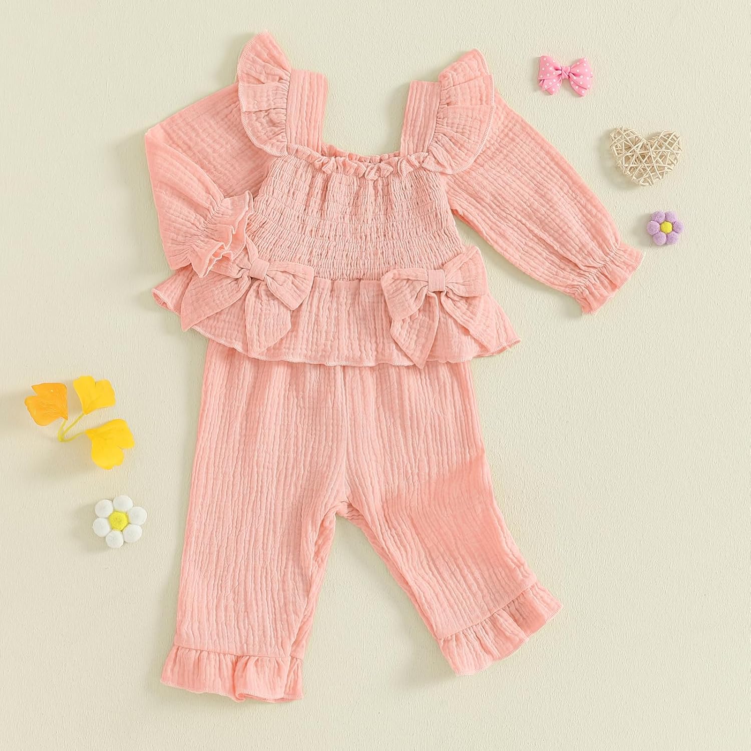 VISGOGO Baby Girl Outfit Crocheted Floral Top Linen 12 18 24M 2T 3T 4T Todder Clothes Tops + Denim Pants Set - Image 5