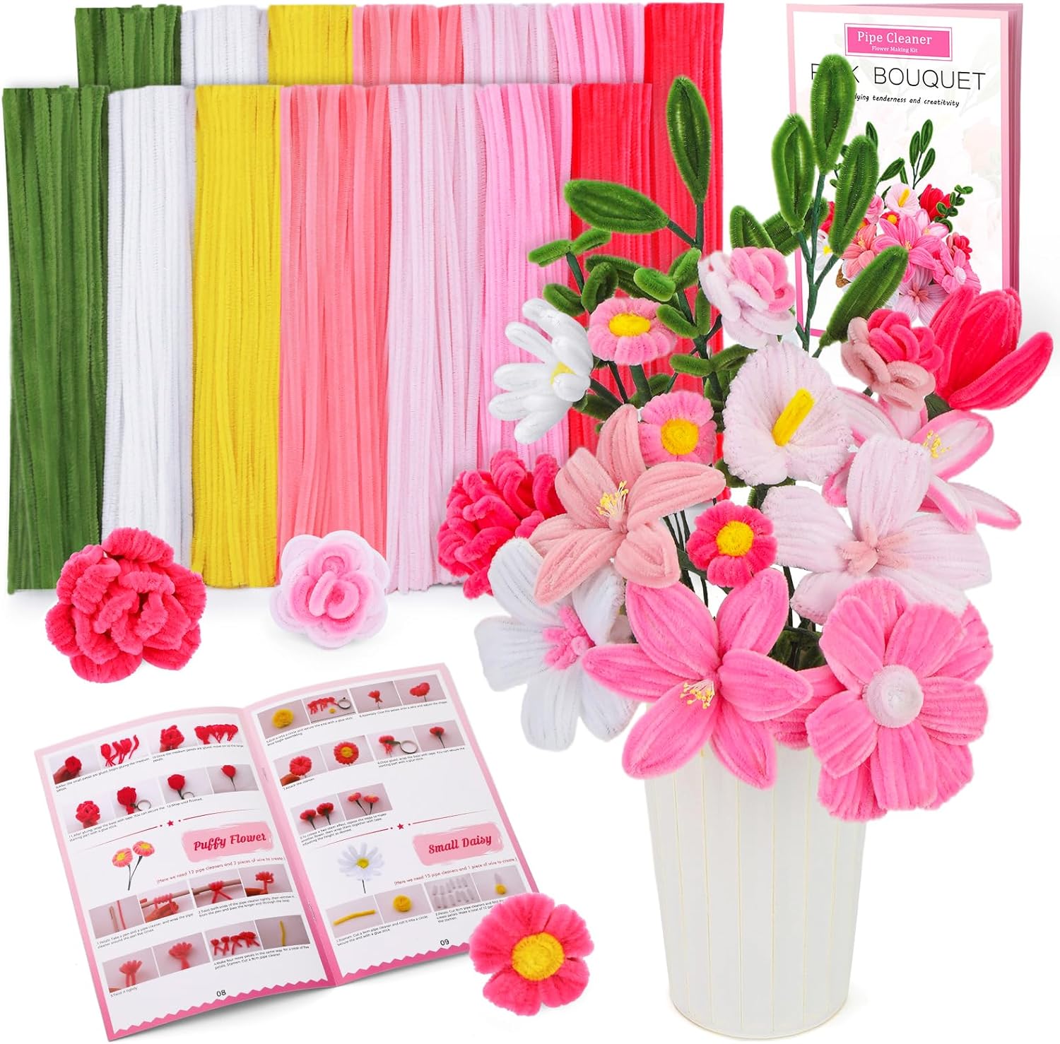 ZXIIXZ 550 Pcs Pipe Cleaners Craft, 8 Colors Pipe Cleaners Bulk Flower Kit, Chenille Stems Fuzzy Sticks Craft Supplies for Flower Making, Festival Home Art Decor