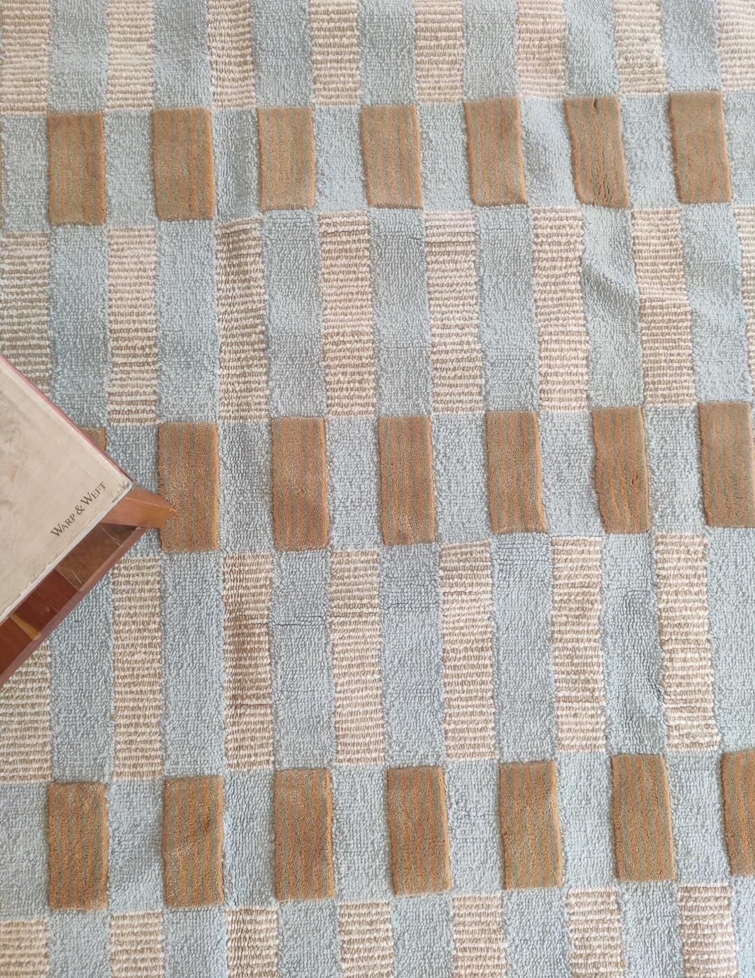 Area Rug with Scalloped Border, Geometric Checkered Pattern, Blue Tan Orange, Handwoven Textured Design (240 * 300 cm)