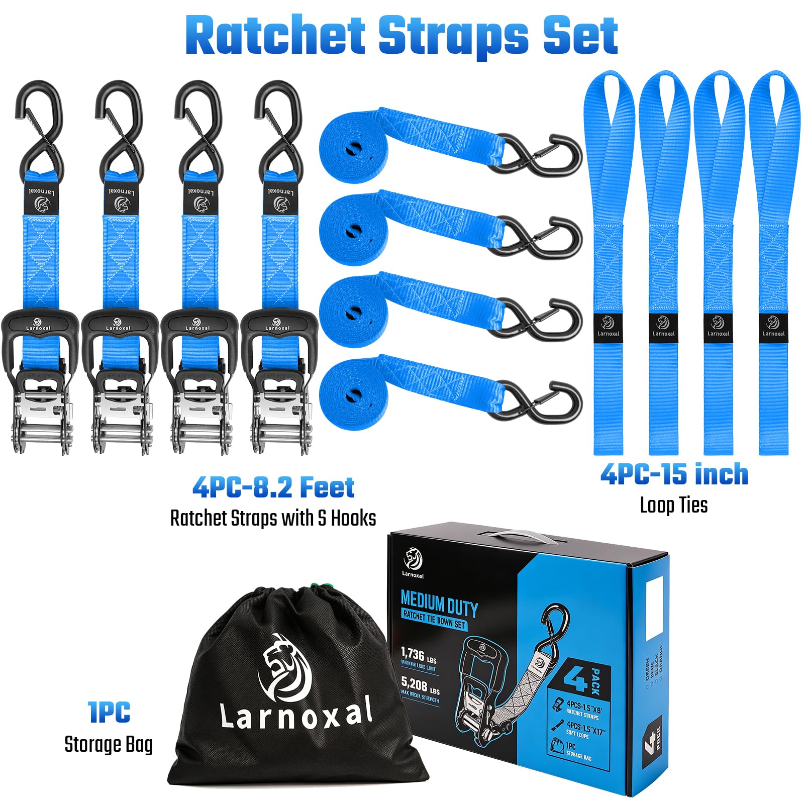 Einziehbare Ratschengurte, 4 Stück, 2,4 kg Bruchfestigkeit, 3,8 cm x 8,2 m, strapazierfähig, einziehbar, Spanngurte mit S-Haken, Set für LKW, Transporter, Anhänger, Motorrad (blau)