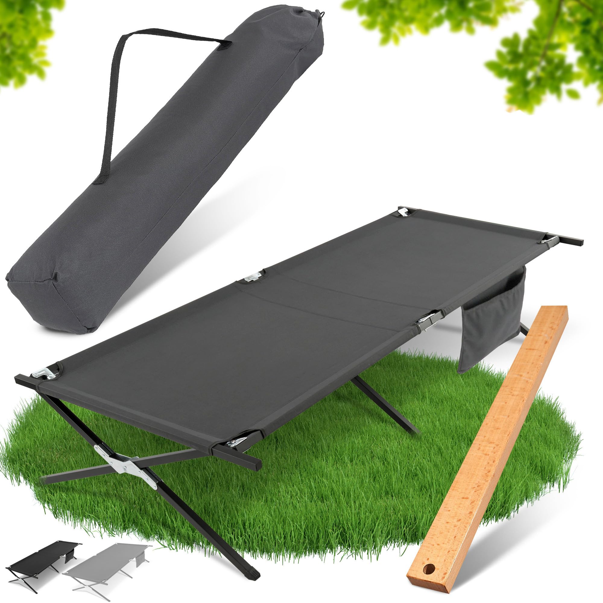Feldbett XXL 200kg belastbar 210x70 [mit Montagetool] – Campingbett, Campingliege faltbar leicht, Feldbett klappbar, Camping Bett