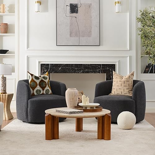 Miniatura 153 de KINWELL Juego de 2 sillas giratorias de barril Boucle de 34 pulgadas de ancho, sin montaje, sillones tapizados redondos, sillas decorativas, sofá