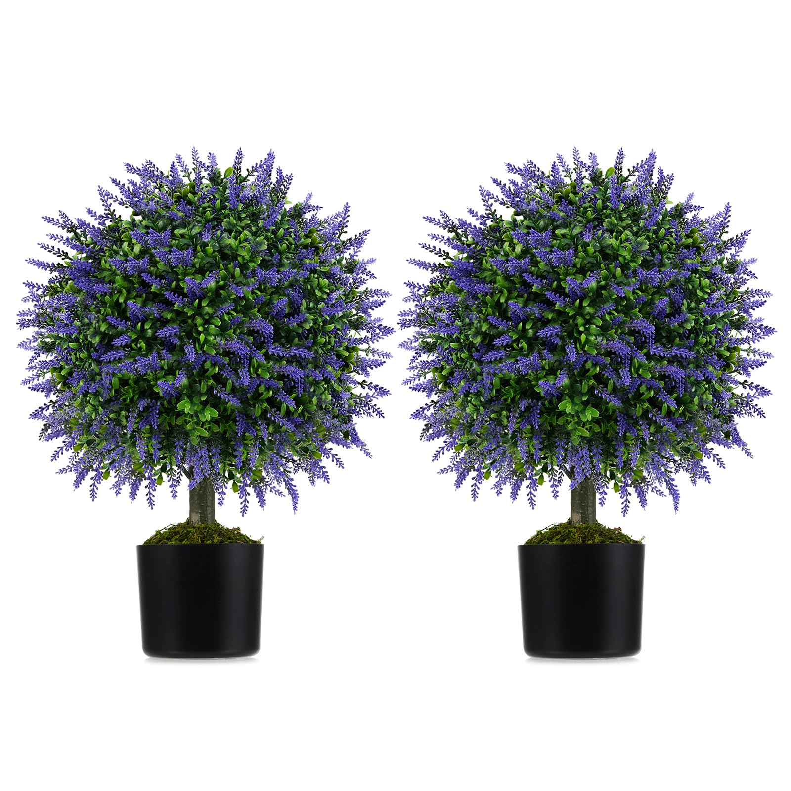 COSTWAY Set di 2 Alberi di Topiario Artificiale con Lavanda, Albero di Bosso Finto da 58 cm con Vaso Riempito di Cemento, Pianta Finta Resistente al Sole per Interni ed Esterni