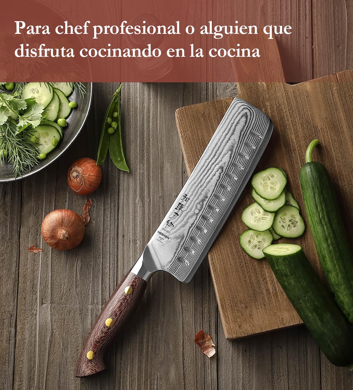 HEZHEN Damasco Cuchillo Nakiri, Estilo Japonés Cuchillos de Cocinero, Multiusos Cuchillo Chef Asiático Para Rebanar Carne Cortar Verduras, Mango de Micarta