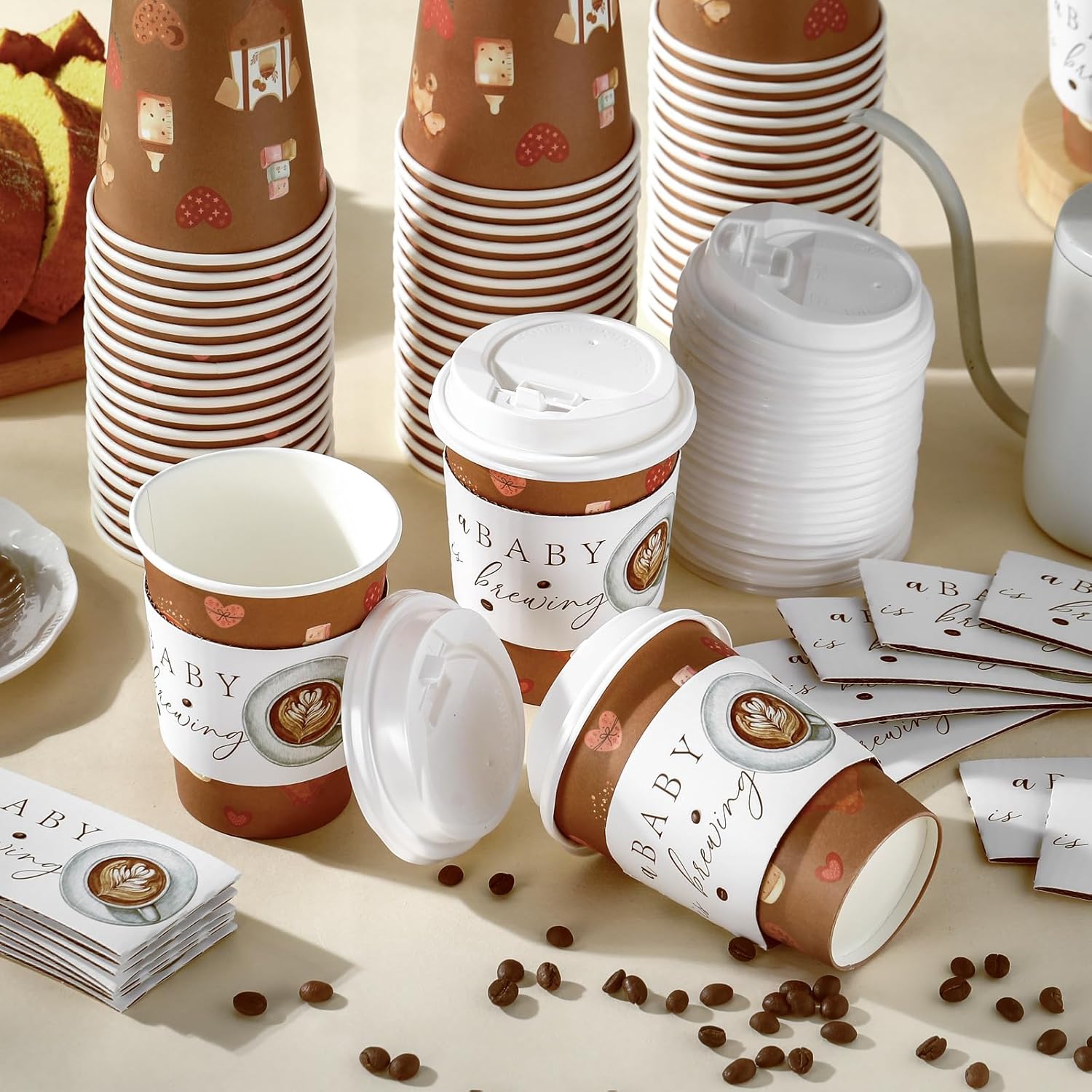 Vesici 60 Pcs 14oz A Baby Is Brewing Coffee Cups Baby Shower Decorations Disposable Coffee Cups with Lids and Sleeves Coffees Bean Theme Paper Cup Favors for Hot Cold Drink Party Supplies
