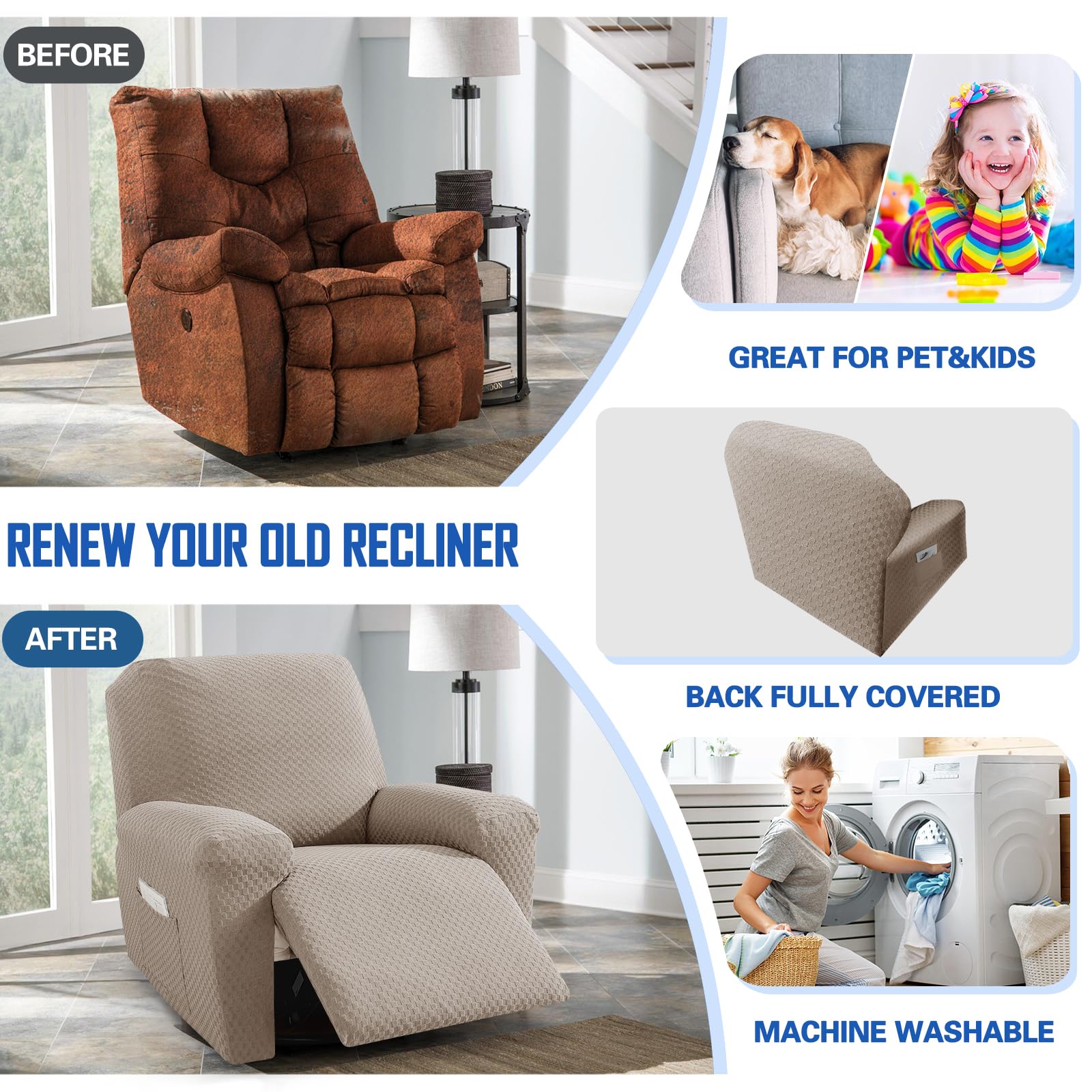 MAXIJIN Newest Recliner Slipcovers for Living Room Stretch Jacquard Recliner Chair Cover Soft Fitted Recliner Protector with Elastic Bottom for Kids, Pets (Recliner, Khaki)