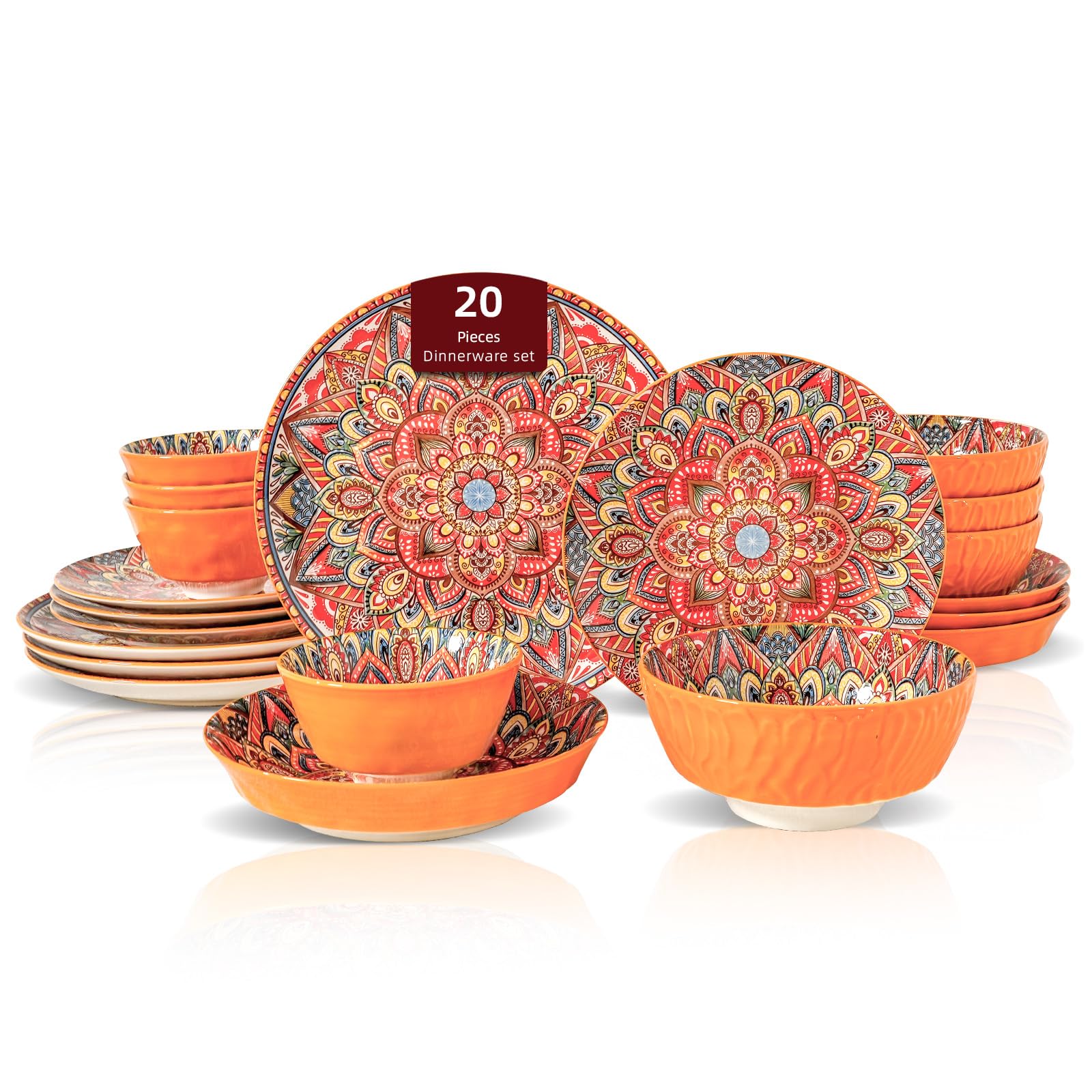 Boho – Service de table 20 pièces en porcelaine pour 4 personnes, résistant aux rayures – Passe au micro-ondes et au lave-vaisselle – Orange