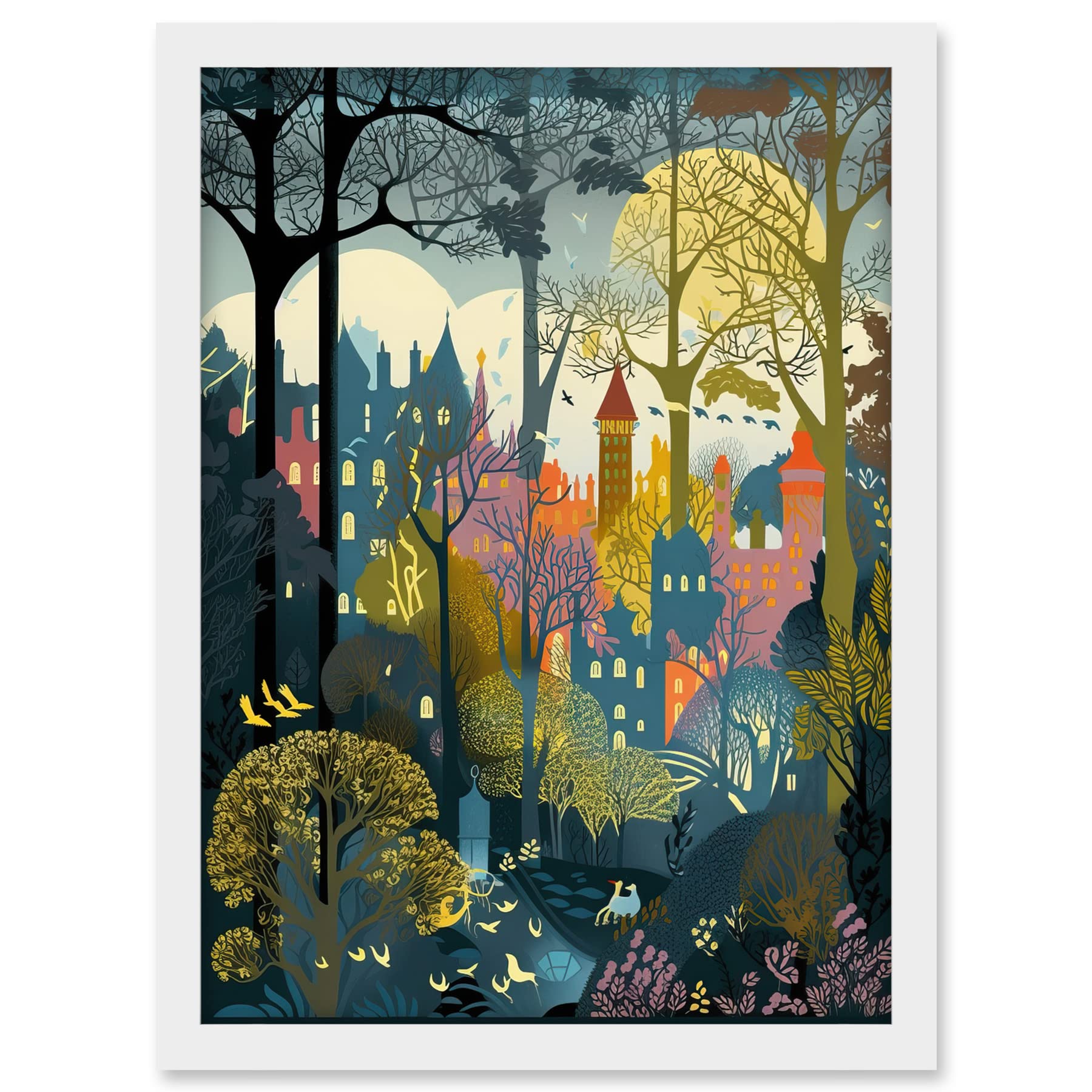Artery8 Village Through Sherwood Forest Tree Landscape Artwork Framed A3 Wall Art Print