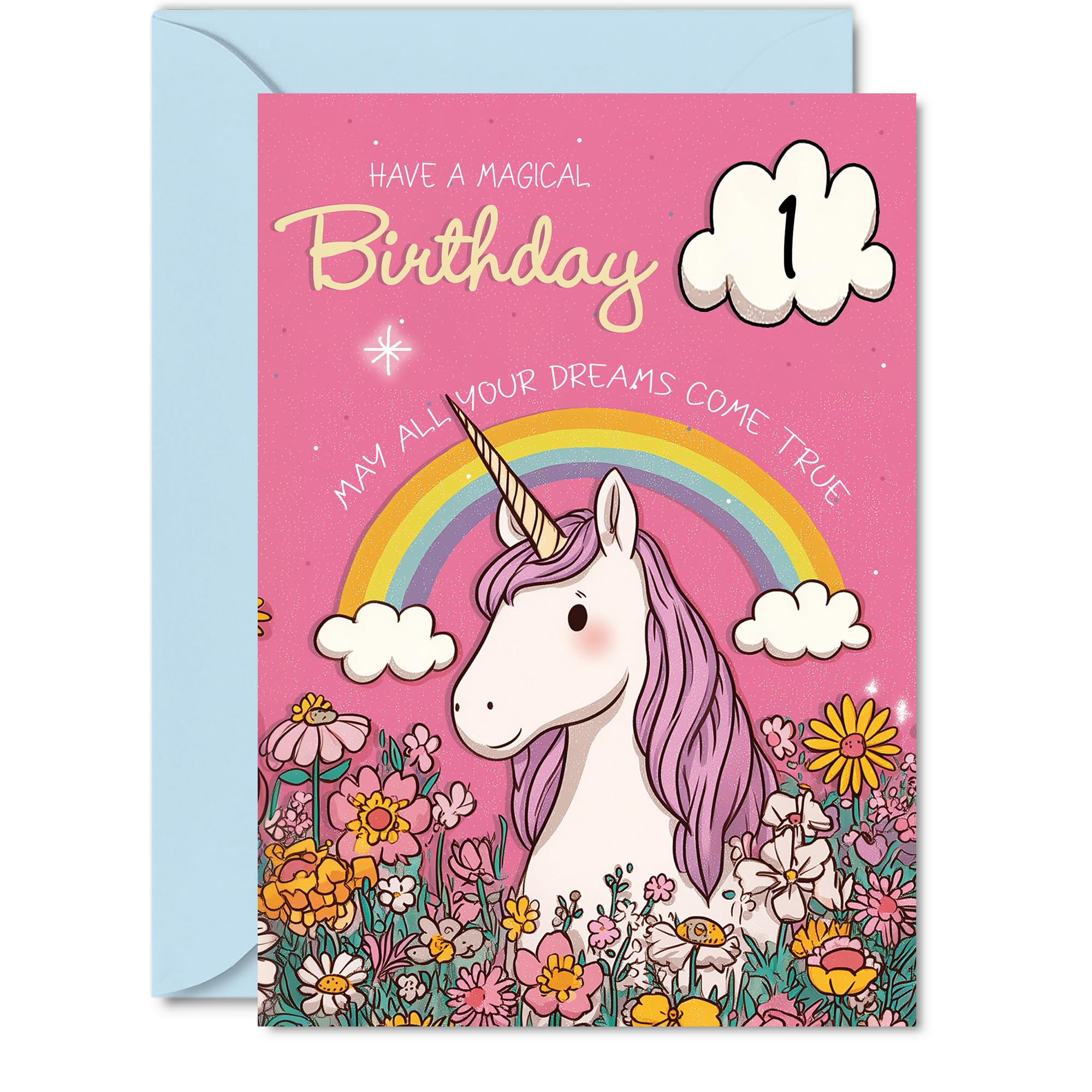 Cute 1st Birthday Card - Sparkle and Smiles - Whimsical Unicorn with Rainbow and Flowers - Bursting with Magical Birthday Cheer - 5x7 Inch, Envelope Included