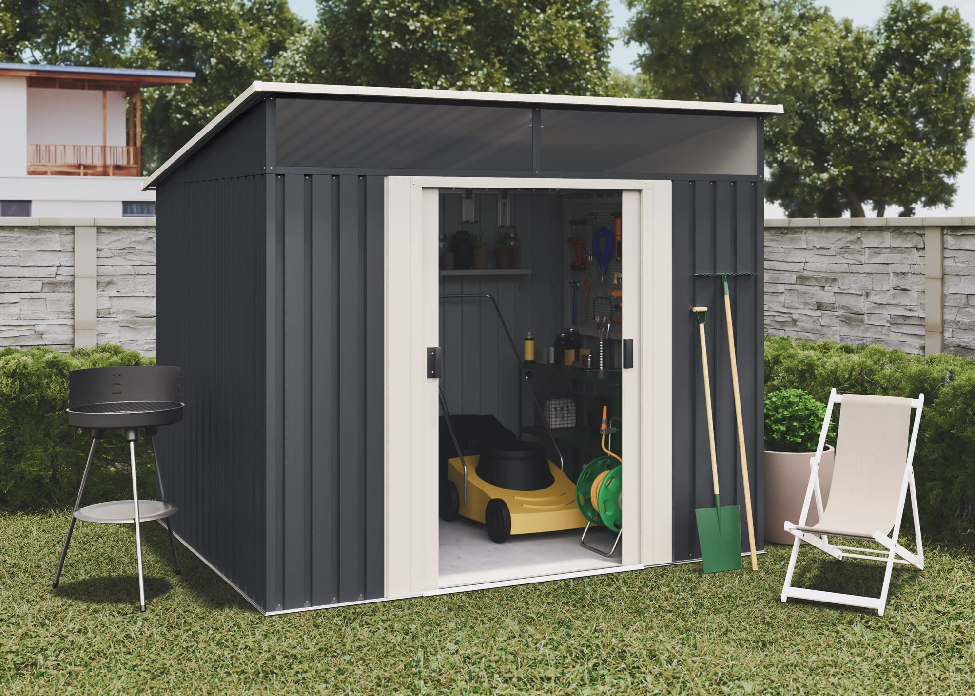 Wasabi - Gartenhaus Metall 4,6m2 Stark – 238 x 193 x 203cm - Oberlicht - Doppelte Schiebetür – Anthrazitgrau – Geräteschuppen XL – Gerätehaus Outdoor Wetterfest