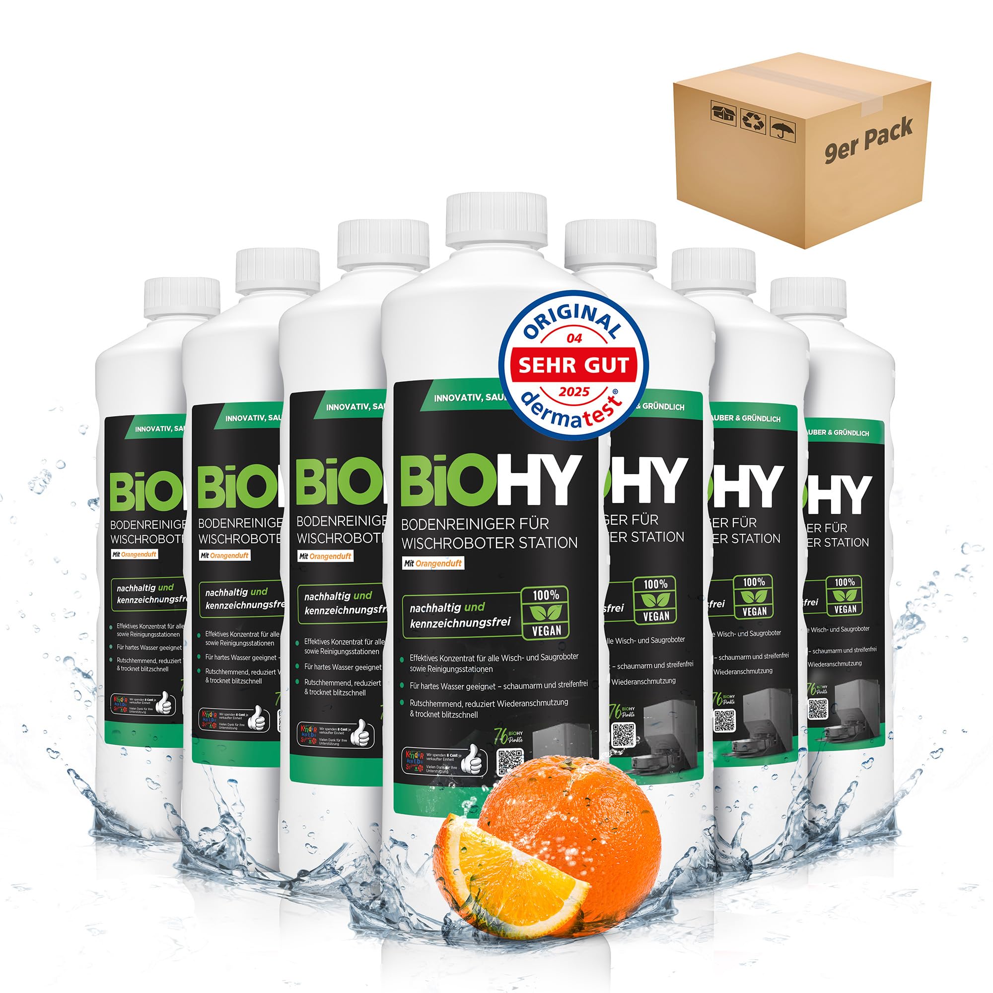 BiOHY Limpiador de suelos para robot de limpieza con aroma a naranja (9 x 1 litro) | Detergente concentrado para todos los robots de limpieza y aspiradora con función húmeda | sin espuma y sin rayas |