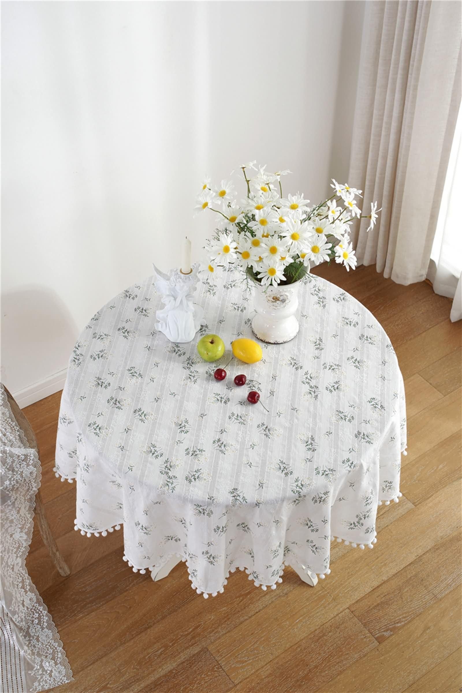 Weiß Grün Tischdecke Rund 140 cm, Baumwolle Blattmuster mit Pompons, Garten Tischdecken für Draußen