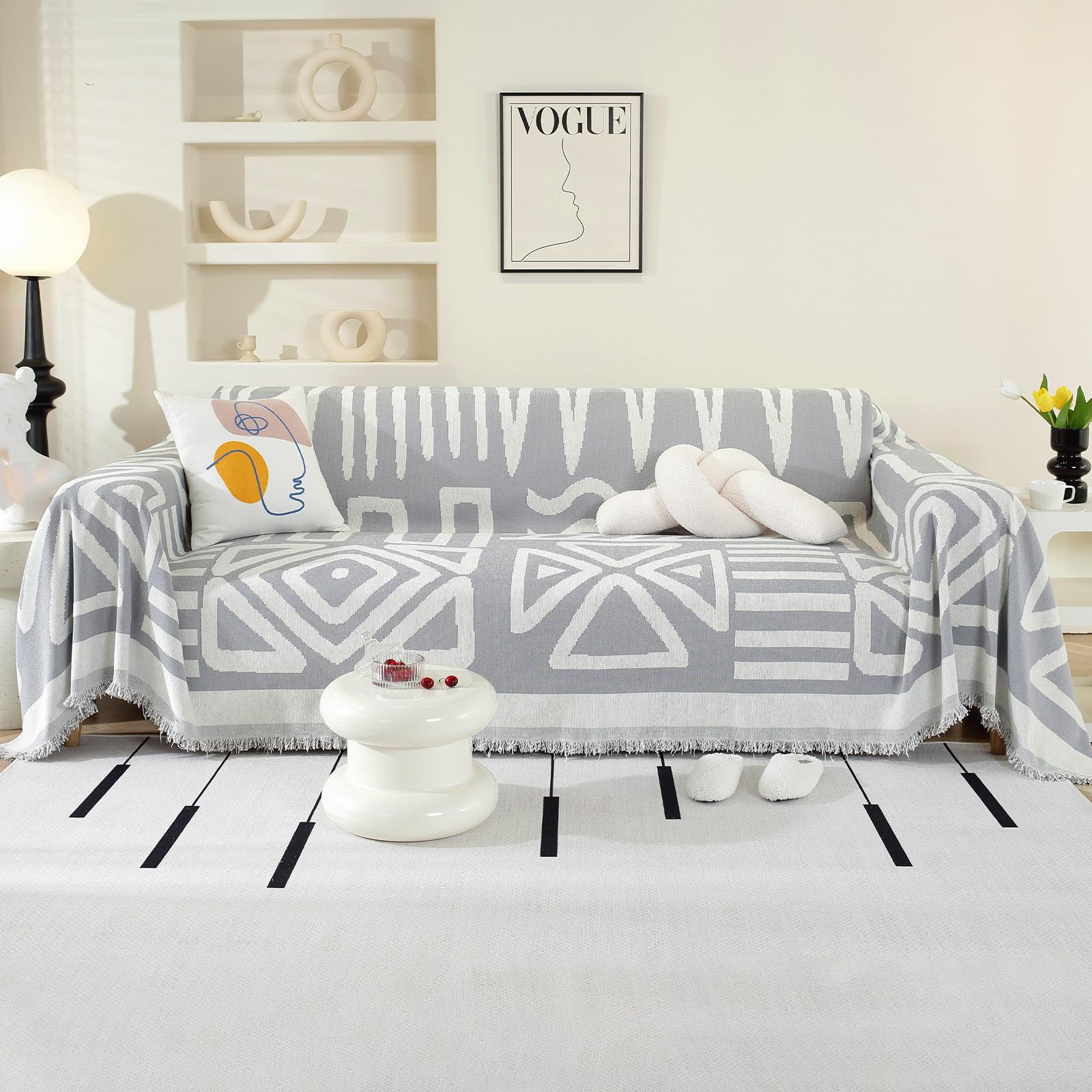 OstepDecor Boho Sofa Cover 3 Seater, Chenille Couch Cover for Corner Sofa Washable Sofa Slipcover