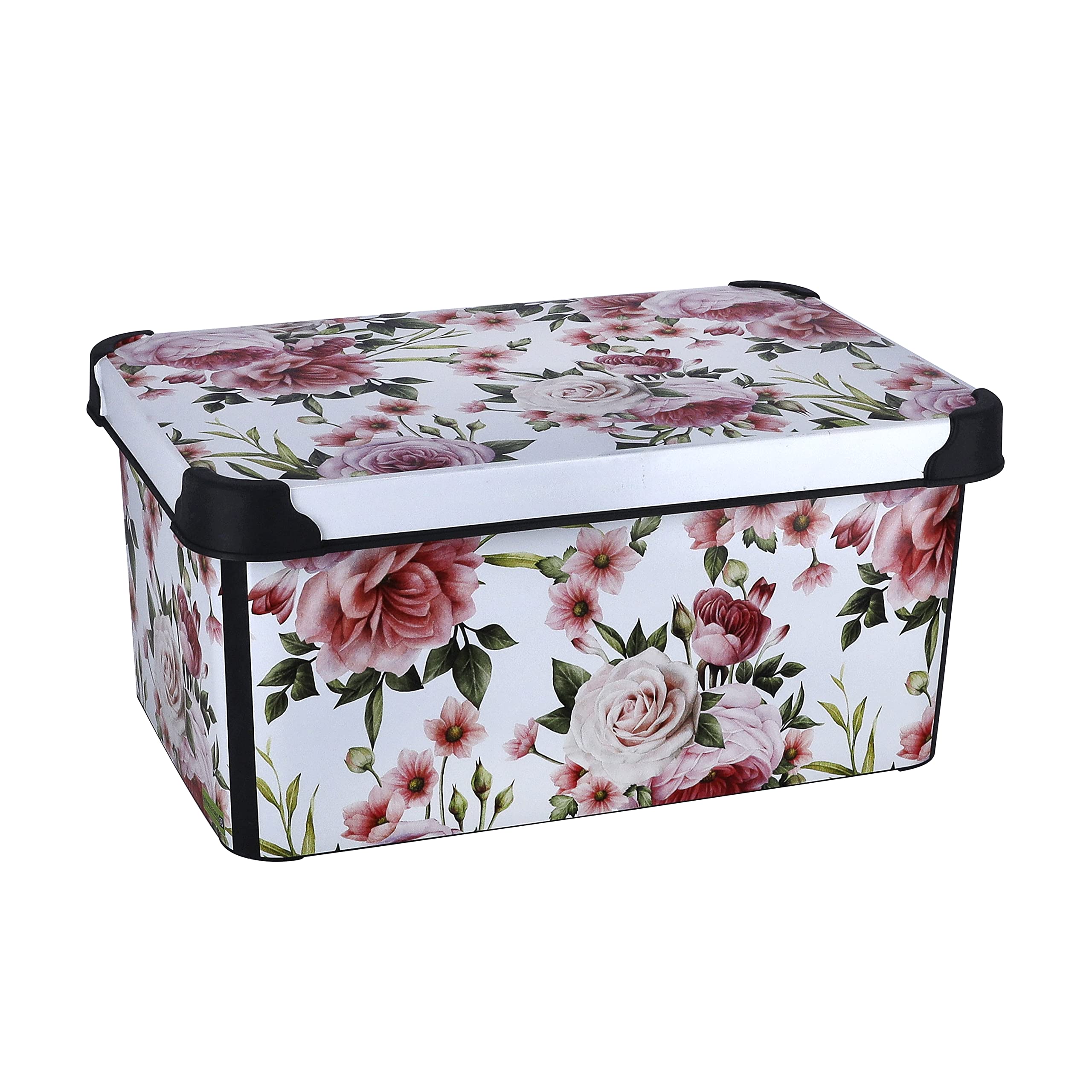 Royalford 5L Style Storage Box- RF11287 Multi-Purpose Utility Box with Handles and Lid Break-Resistant, Light-Weight, Portable and Stylish Construction Pantry Items, Craft Supplies White and Floral