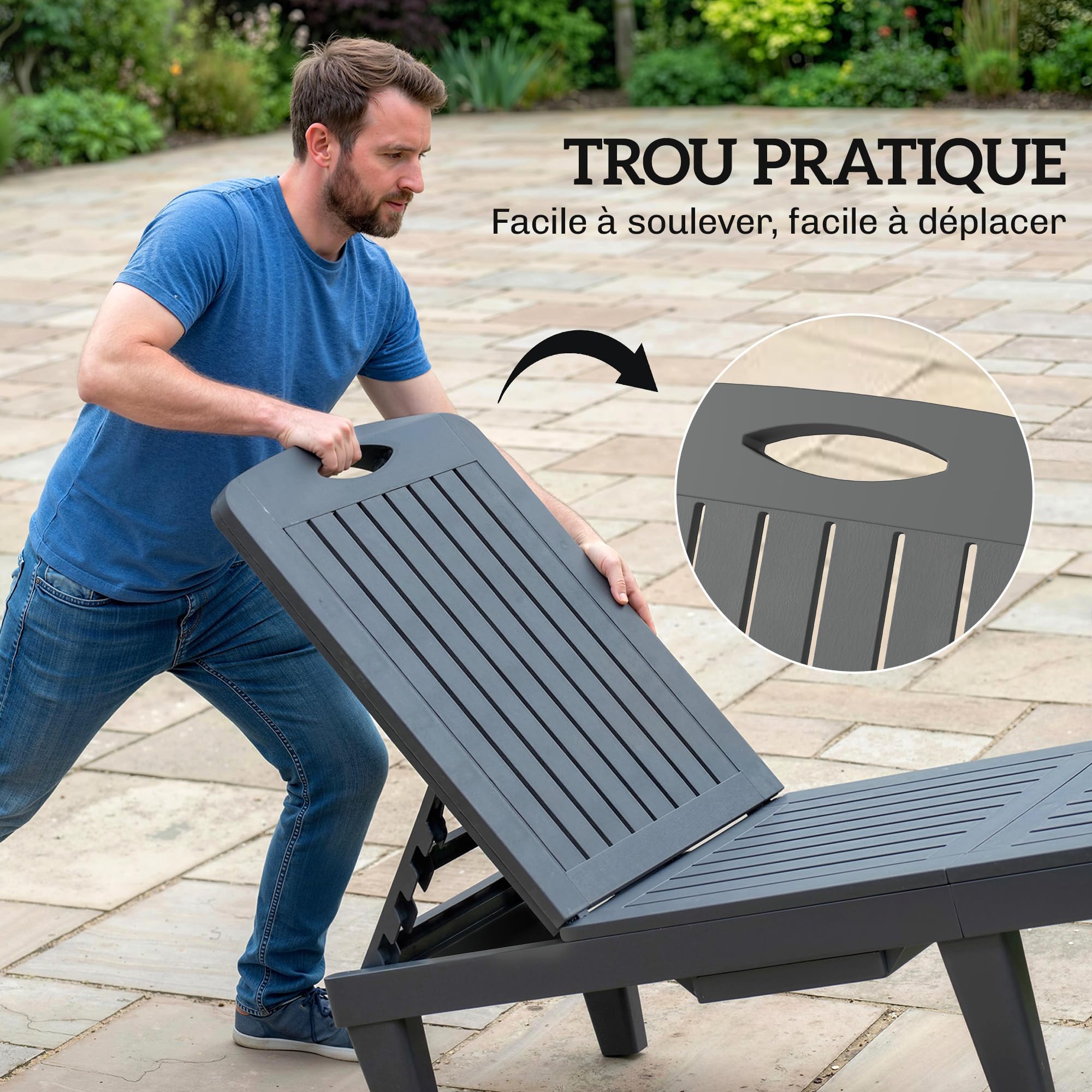 Outsunny Lot de 2 Chaises Longues de Jardin en PP avec Plateau Latéral Gris