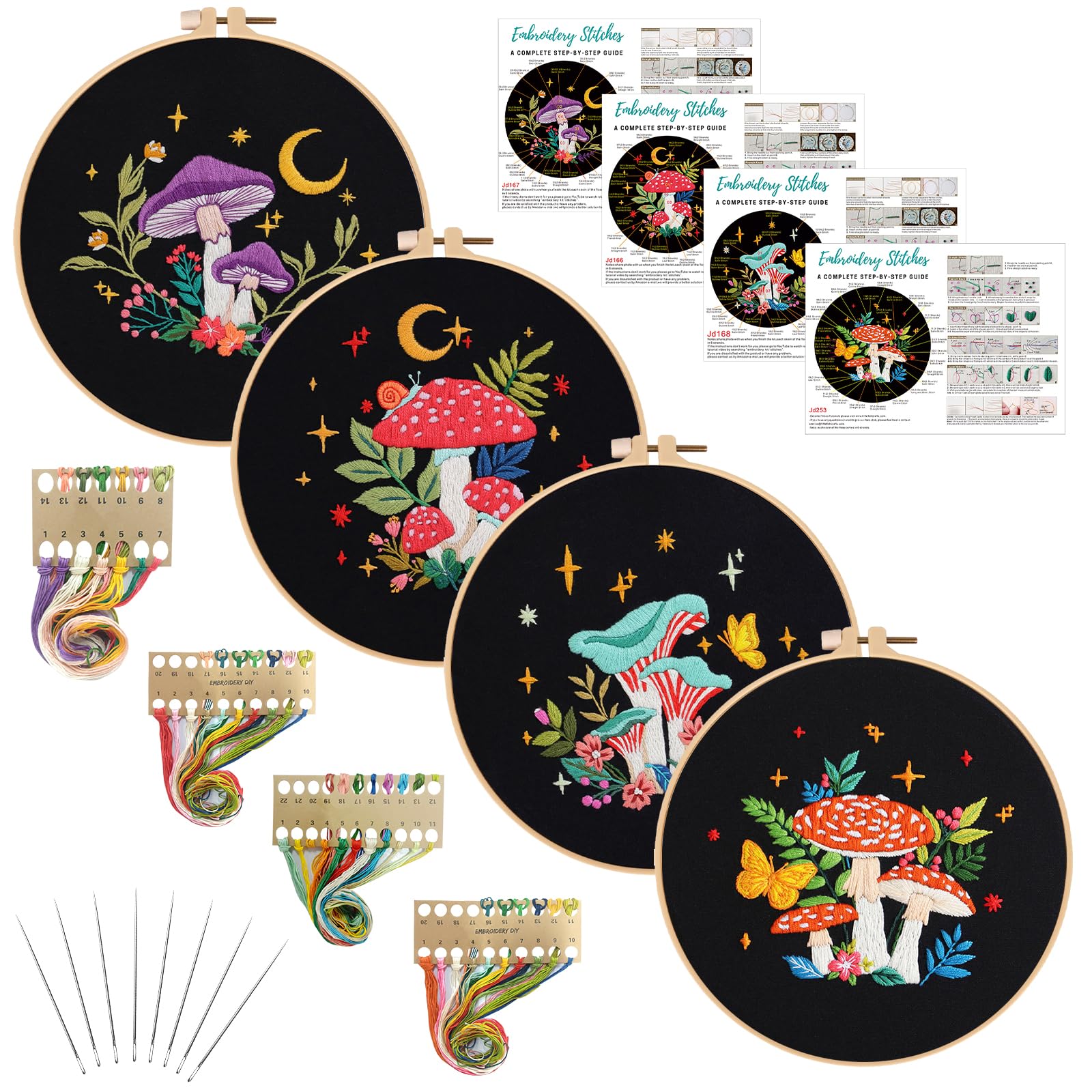 Nuberlic 4 Pack Mushroom Embroidery Kit for Beginners, Starters Cross Stitch Needlepoint Kits with Stamped Pattern (1 Hoops, 4 Cloth, Threads, Needles, Instructions)