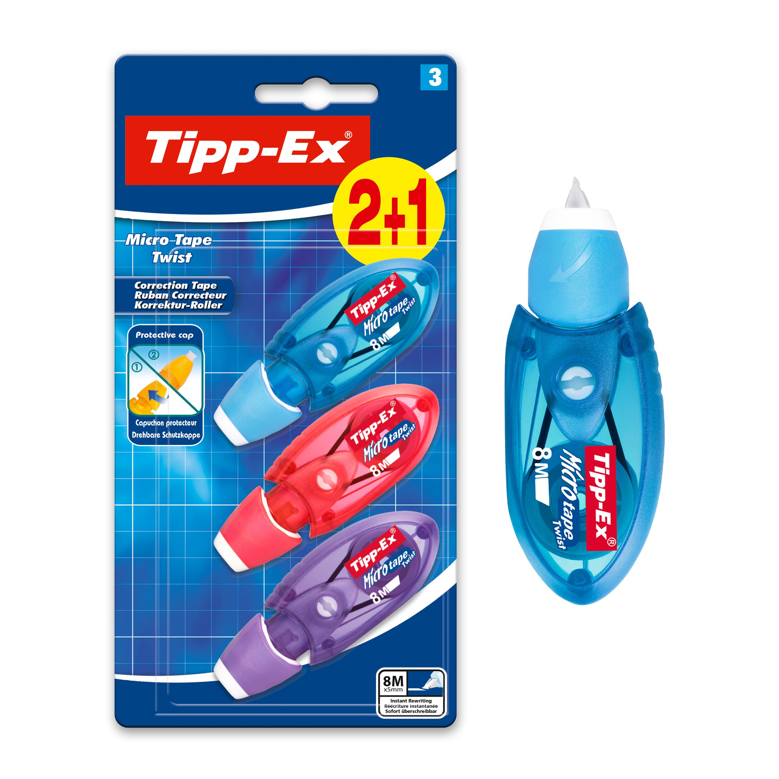 Tipp-Ex Correttore a Nastro, Micro-Tape Twist, 2+1 Unità, Colori Assortiti
