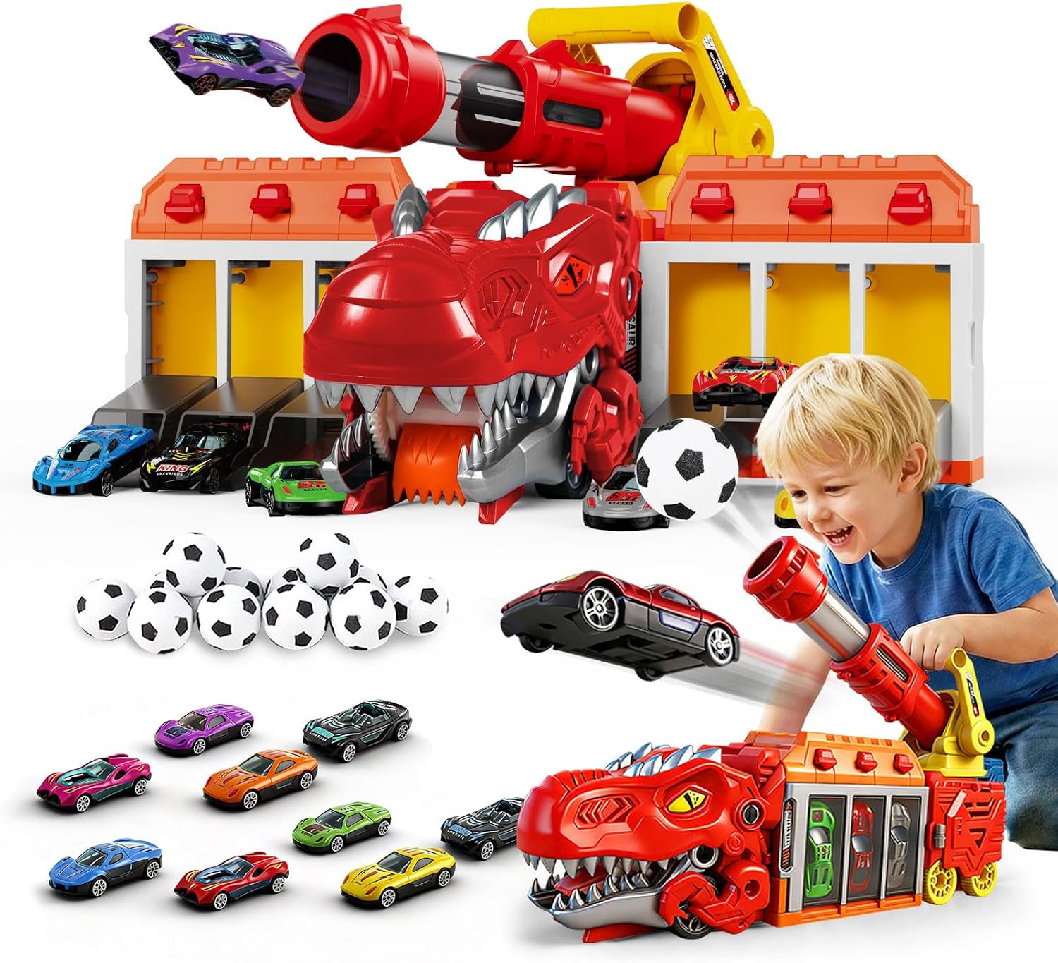 LUCKFUTURE Dinosaur Truck Toy, Red T-Rex with Car Launcher - Shoots Matchbox Cars & Balls, Action Play Dino Truck Gift for Boys Girls 3-7 Years Old