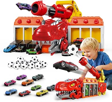 LUCKFUTURE Dinosaur Truck Toy, Red T-Rex with Car Launcher - Shoots Matchbox Cars & Balls, Action Play Dino Truck Gift for Boys Girls 3-7 Years Old
