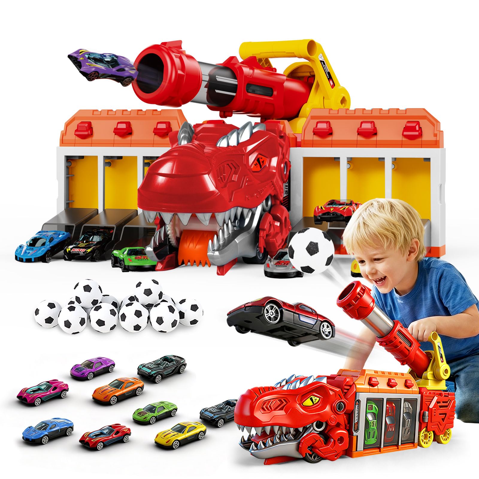 LUCKFUTURE Dinosaur Truck Toy, Red T-Rex with Car Launcher - Shoots Matchbox Cars & Balls, Action Play Dino Truck Gift for Boys Girls 3-7 Years Old
