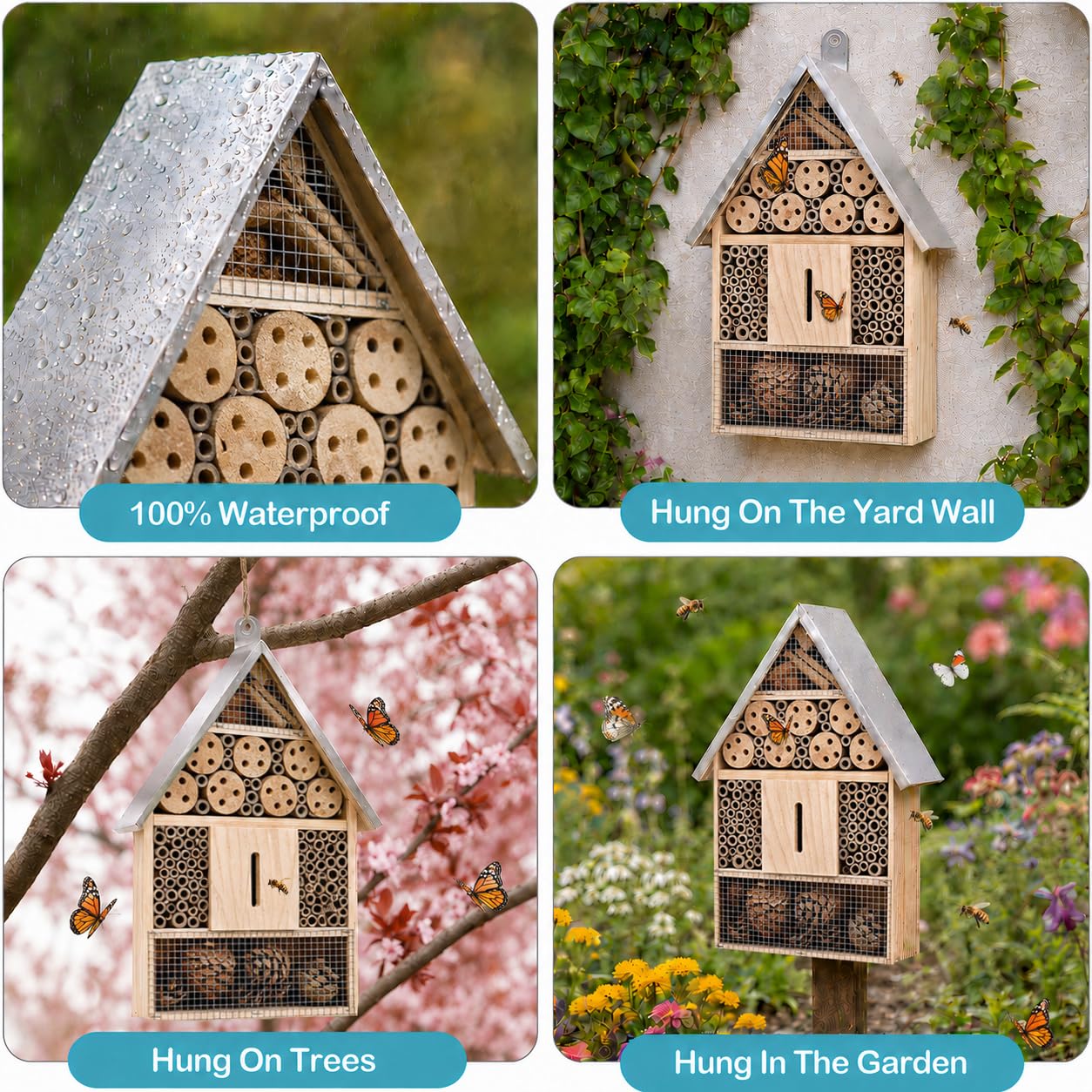 Holz-Maurer-Insekten-Bienen-Schmetterlingshaus, Insektenhotel, EIN Outdoor-Lebensraum aus Bambus für Biene, Schmetterling, Marienkäfer, Schmetterlings-Lebensraum für Garten, 22.9x39.7x6.3 cm