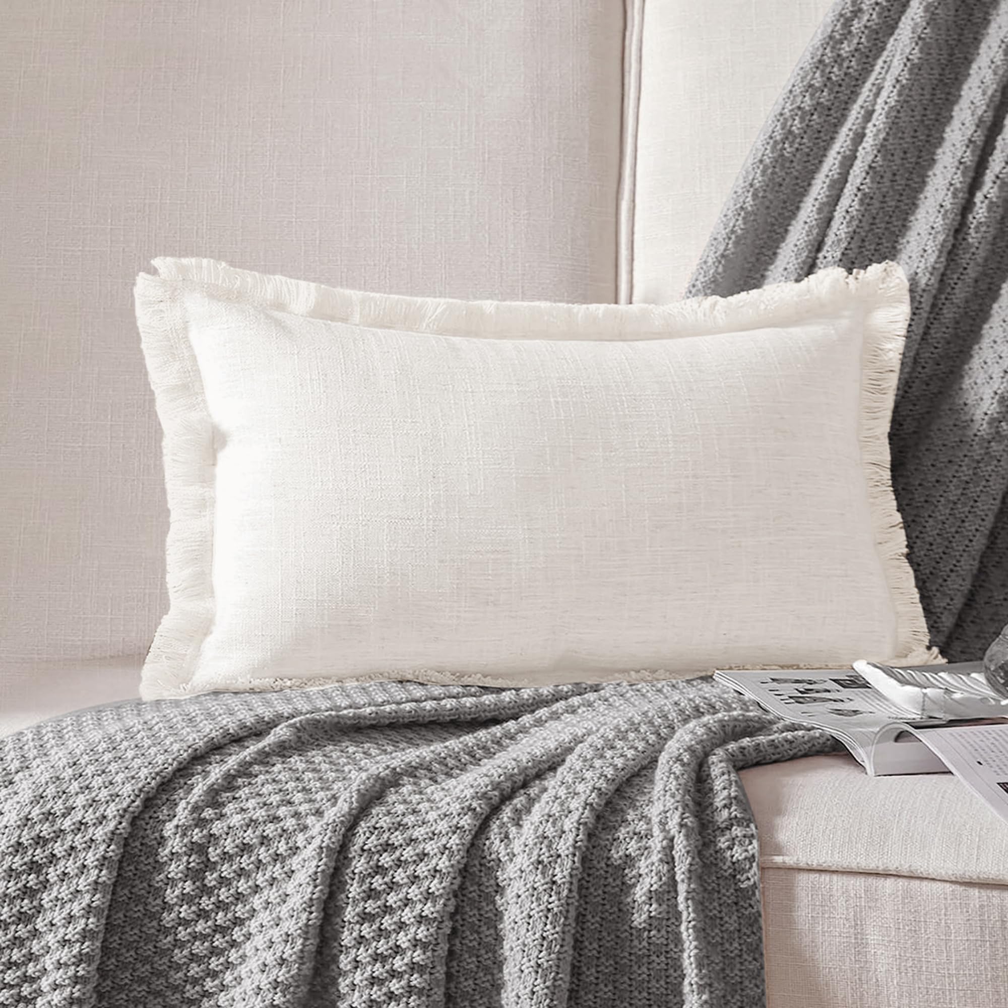 ATLINIA Decor Throw Pillow Cover - 12x20 Inch Linen Lumbar Pillow Cover Decorative Farmhouse Boho Fringe Cushion Cover for Couch Sofa Bed Outdoor Cream