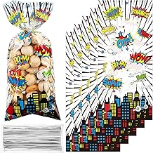 Outus 100 Pcs Hero Cellophane Treat Bags Hero Party Favor Goodie Bags with 100 Silver Twist Ties for Candy Cookies Popcorn Gift Wrapping Birthday Party Baby Shower Decor