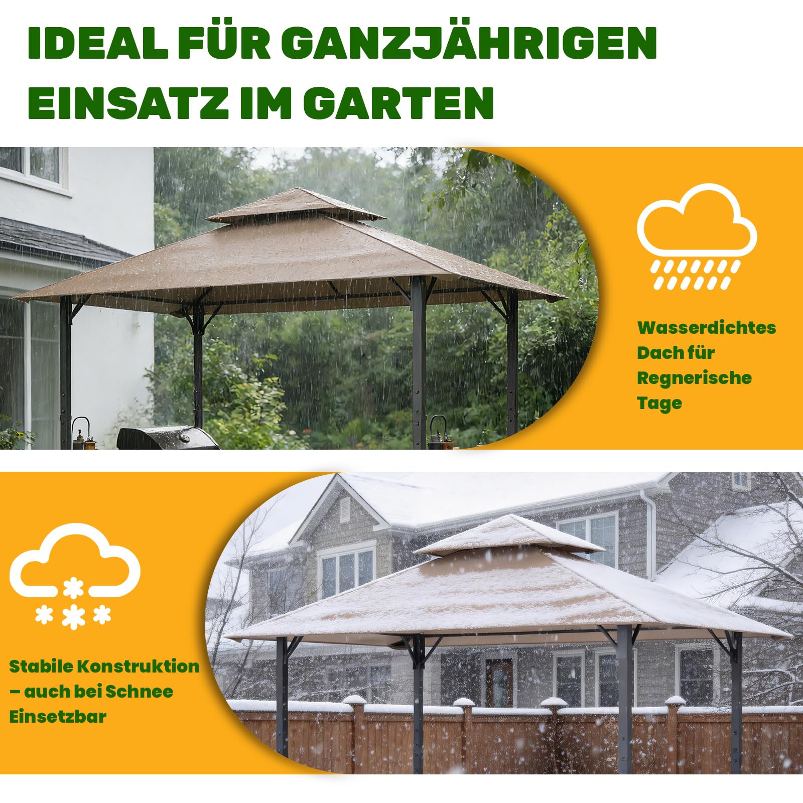 Huracan Grillpavillon mit Doppeldach, Wetterfest Gartenpavillon Grillüberdachung, Gartenlaube mit Seitenregalen, Flaschenöffner & Haken, UV-Schutz Belüftetes Dach, Grillunterstand BBQ Pavillon Party