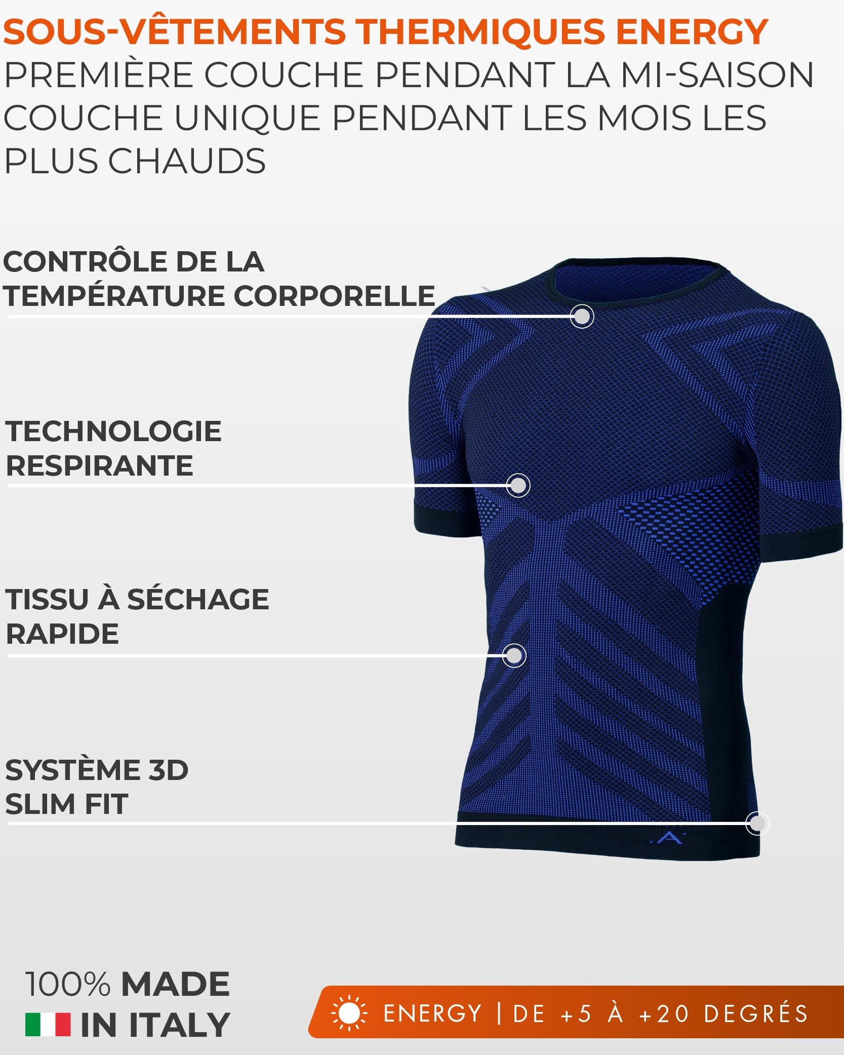 Risalti T Shirt Homme Thermique Manches Courtes Energy - sous Vetement Homme Thermique élastiques, Haut Thermique Homme Respirants, Tshirt Homme sans Couture - Made in Italy