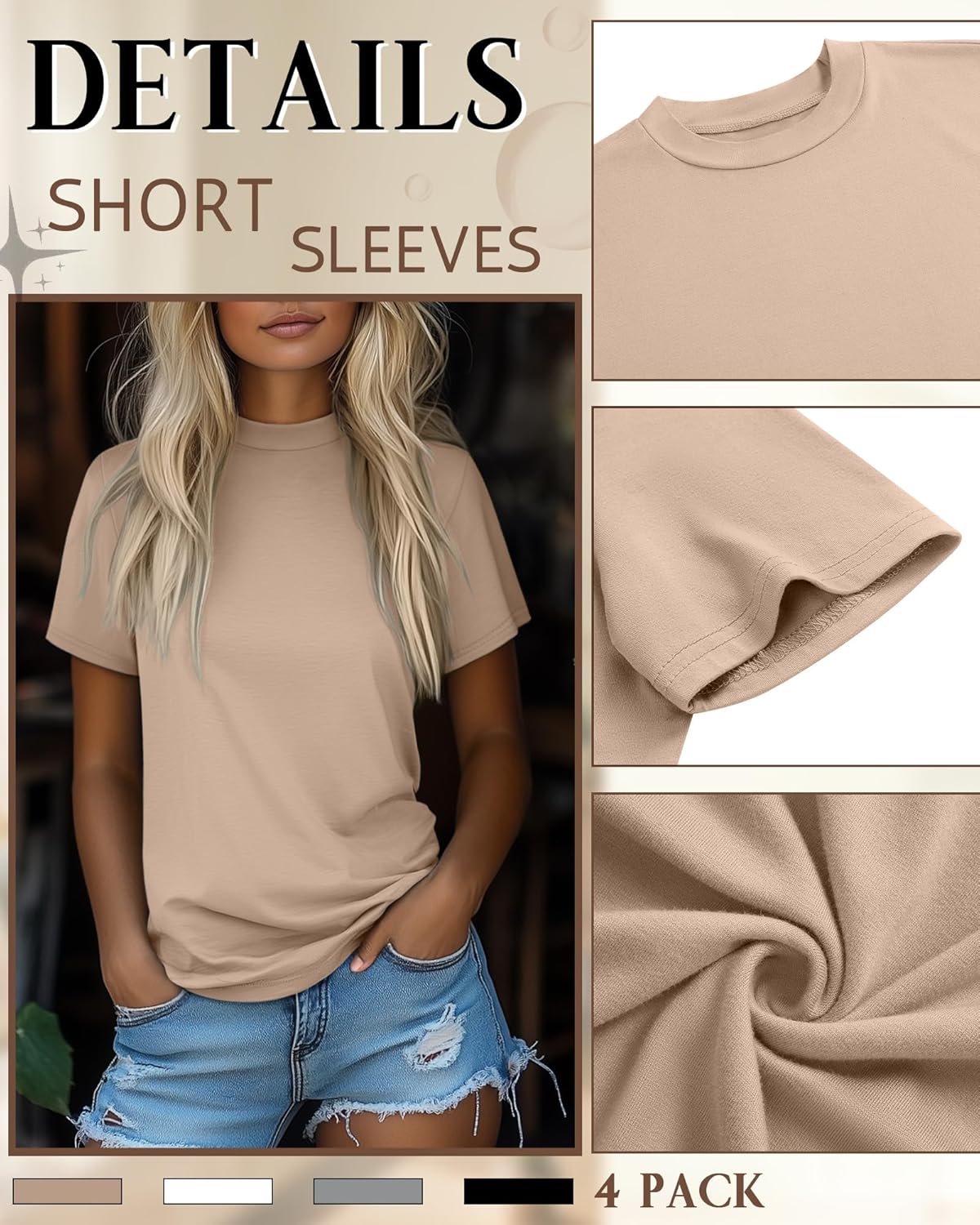 Ficerd 4 Pack Women's Mock Turtle Neck Shirts, Dressy Casual Short Sleeve Basic Top Slim Fit Stretch Trendy Tees - Image 5