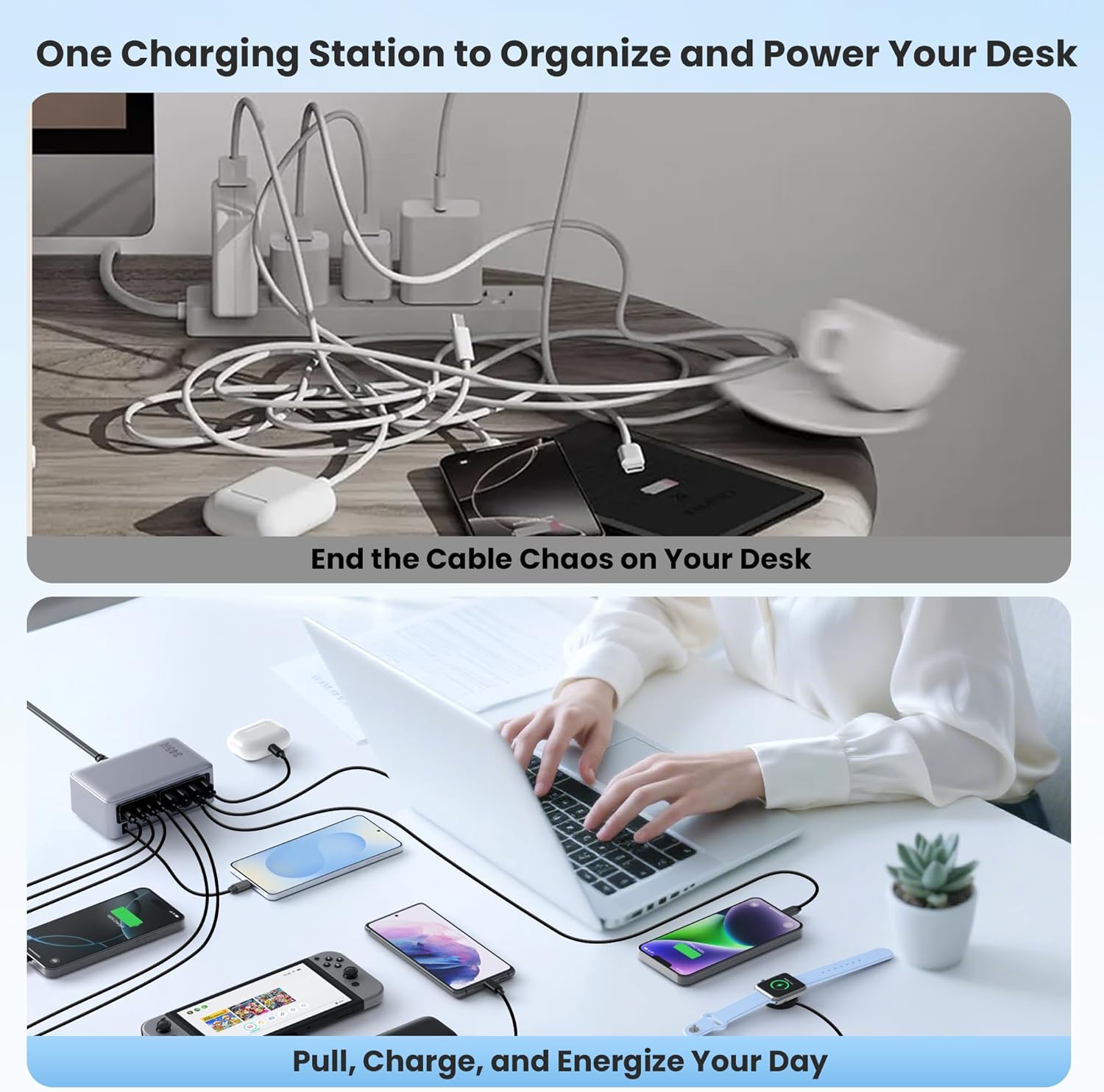 345W USB C Charger Block with 2 Built-in Retractable Cables,10-in-1 GaN IV USB C Charging Station,PD 65W Laptop Charger Power Adapter for MacBook Pro/Air,DELL,iPhone16/15/14,Galaxy S24,Android etc