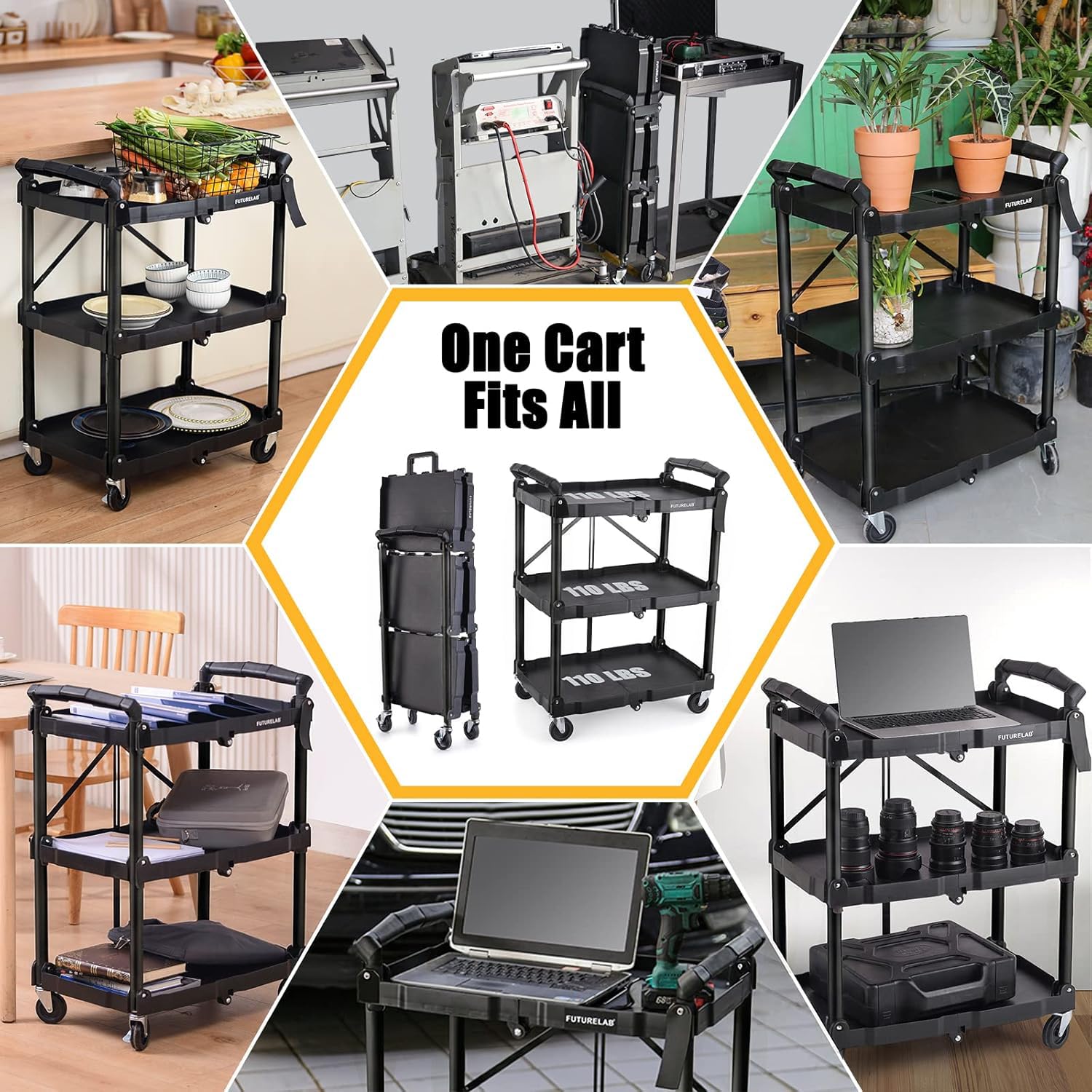 Folding Service Cart - 3 Tier, 330LBS Capacity -2