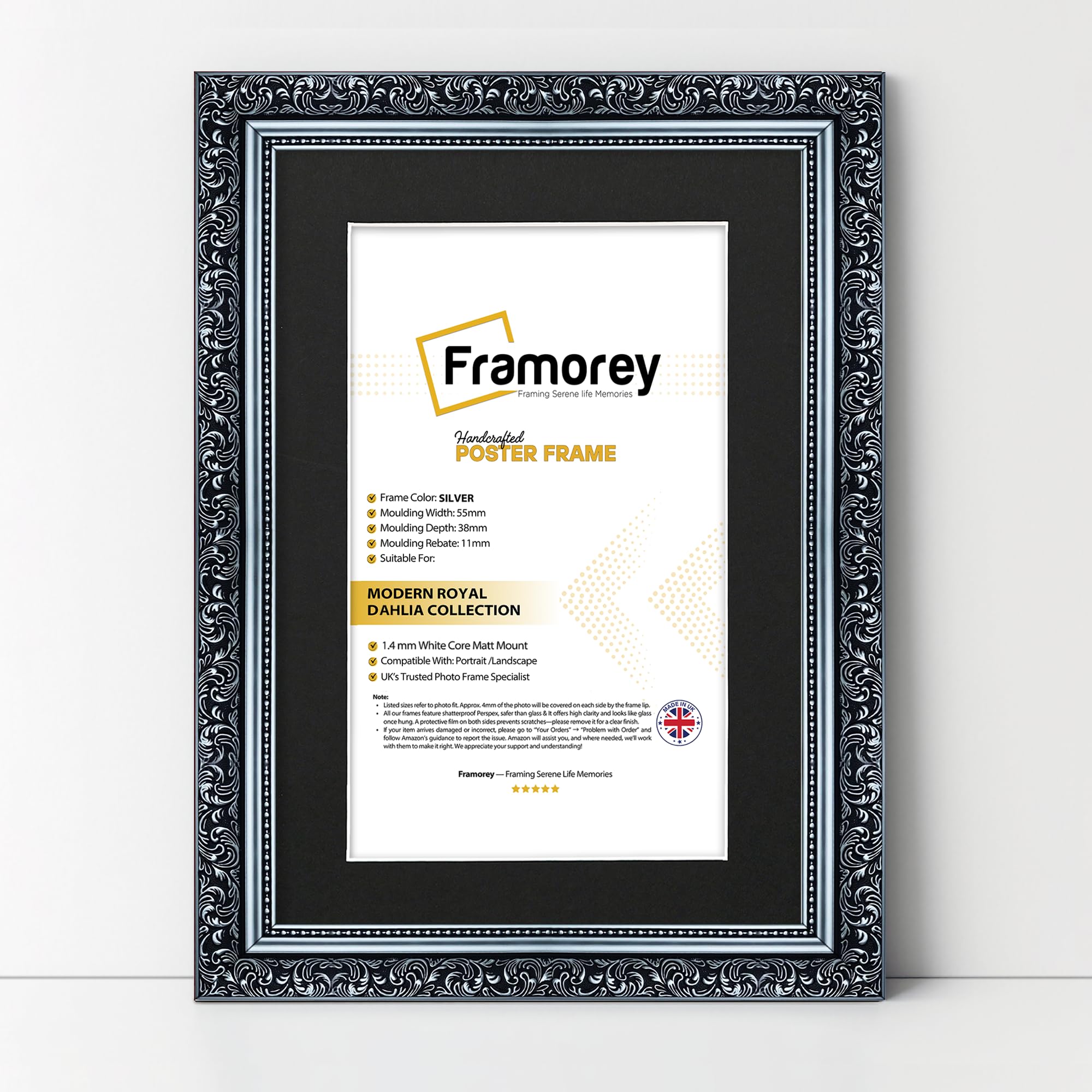 FRAMOREY Dahlia Ornate Effect Picture Frames, A3 Size Silver Photo Frame With A4 Size Black Mount, Traditional Wall Art Poster Frames, Photo Print Frame