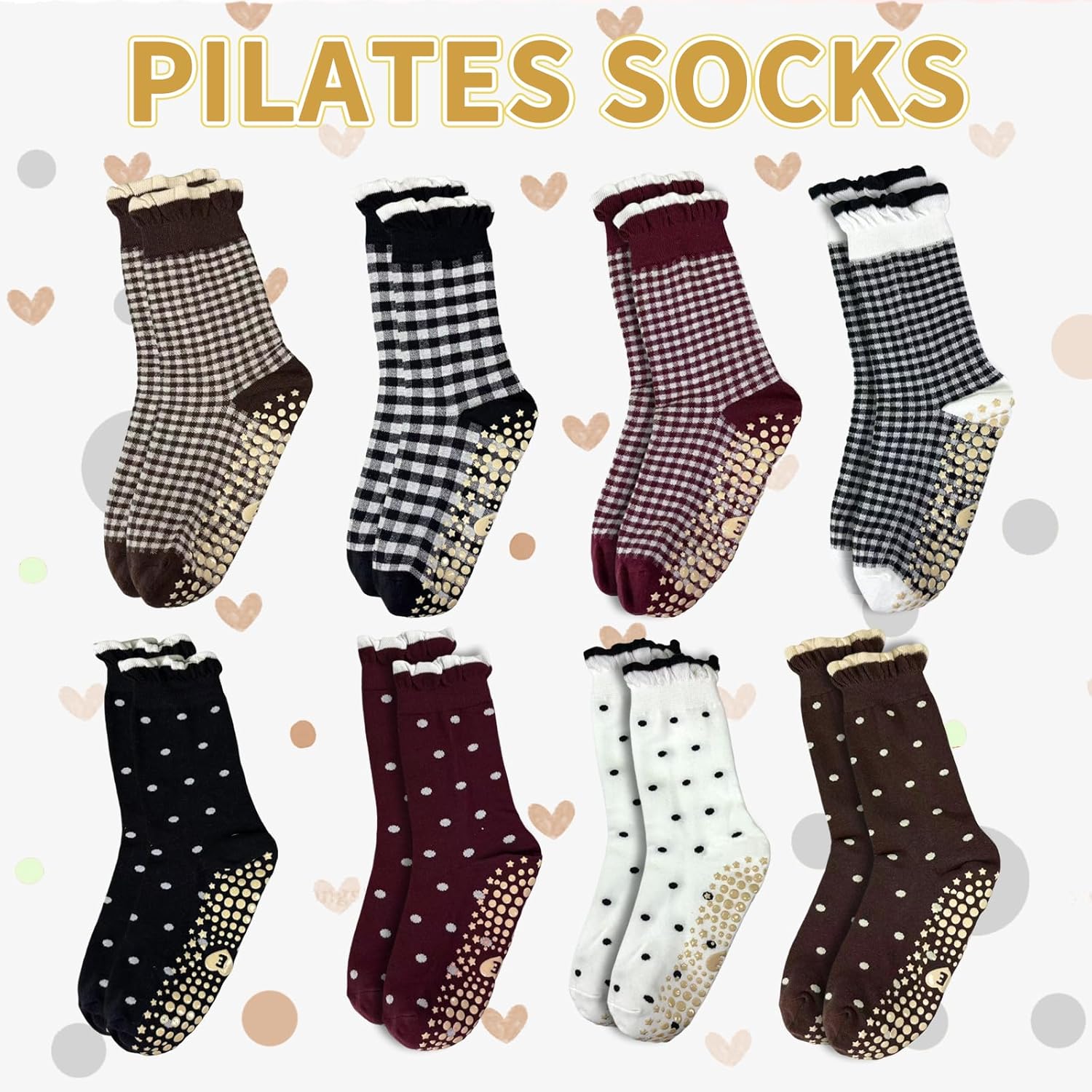 Cute Polka Dot Yoga Socks for Women – 4 Pairs Non Slip Grip Pilates Barre Socks, Ruffle Crew Style, US Size 5-9 - Image 6