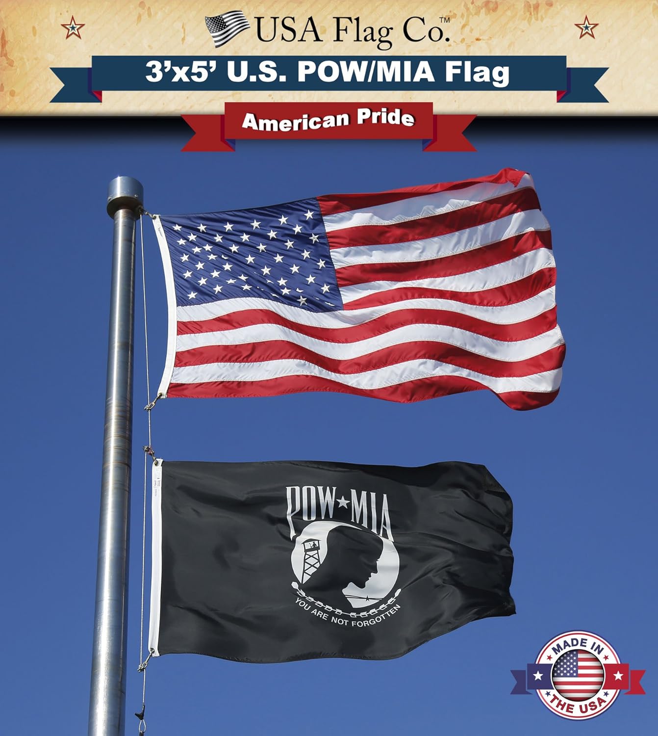USA Flag Co. POW MIA Flag 3x5 Outdoor 100% American Made Black and White