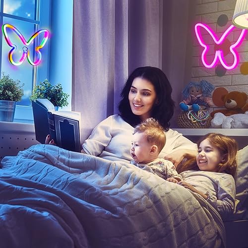 Miniatura 5 de Riakrum 2 letreros de mariposa de neón, luz LED de mariposa, funciona con pilas 3AA, funciona con USB, decoración de pared de neón de mariposa de