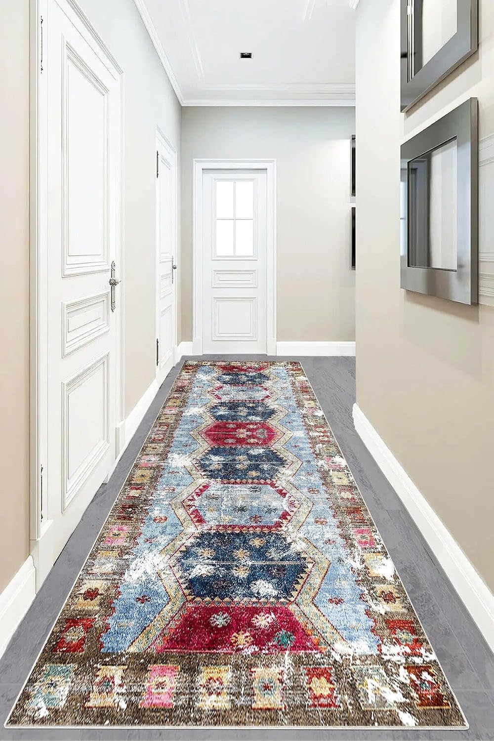 Pelangi Geometrik Çember Desenli Dijital Baskı Yıkanabilir Kaymaz Taban Modern Salon Halısı ve Yolluk, Mavi-Kiremit 80 x 200, 955588511802007