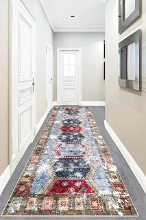 Pelangi Geometrik Çember Desenli Dijital Baskı Yıkanabilir Kaymaz Taban Modern Salon Halısı ve Yolluk, Mavi-Kiremit 80 x 200, 955588511802007
