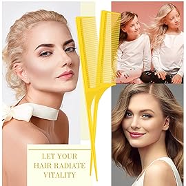 2 Pack Rat Tail Combs for Women Fine Tooth Comb Parting Tip Carbon Fiber Root Teasing Anti Static Heat Resistant Adding Volume Evening Hair Styling (Yellow)