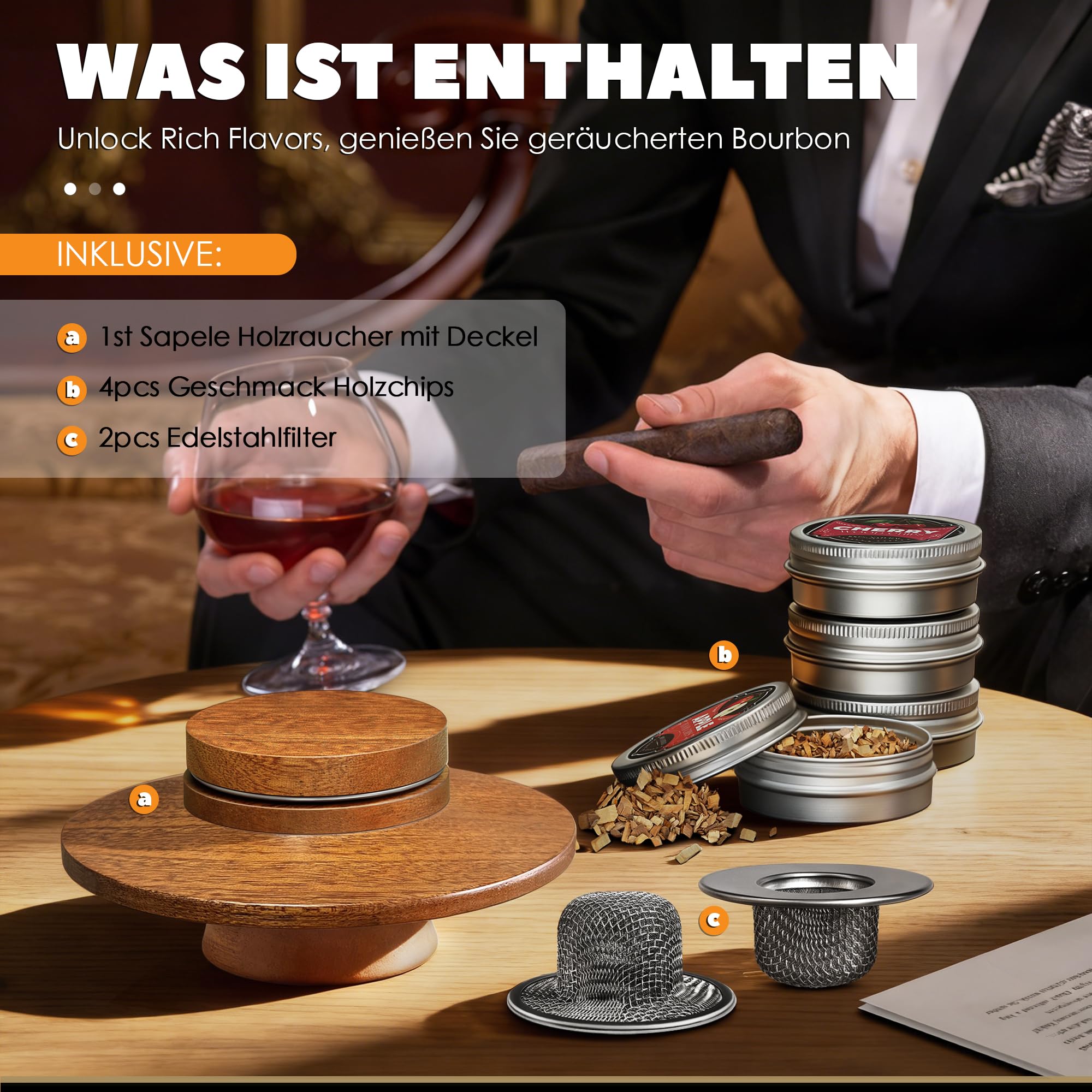 Whisky Räucher Set mit 2 Edelstahlfiltern & 4 Geschmack Holzspäne, hochwertiges Sapele Räucher-Set für Cocktails, Partys, Geschenk für Männer