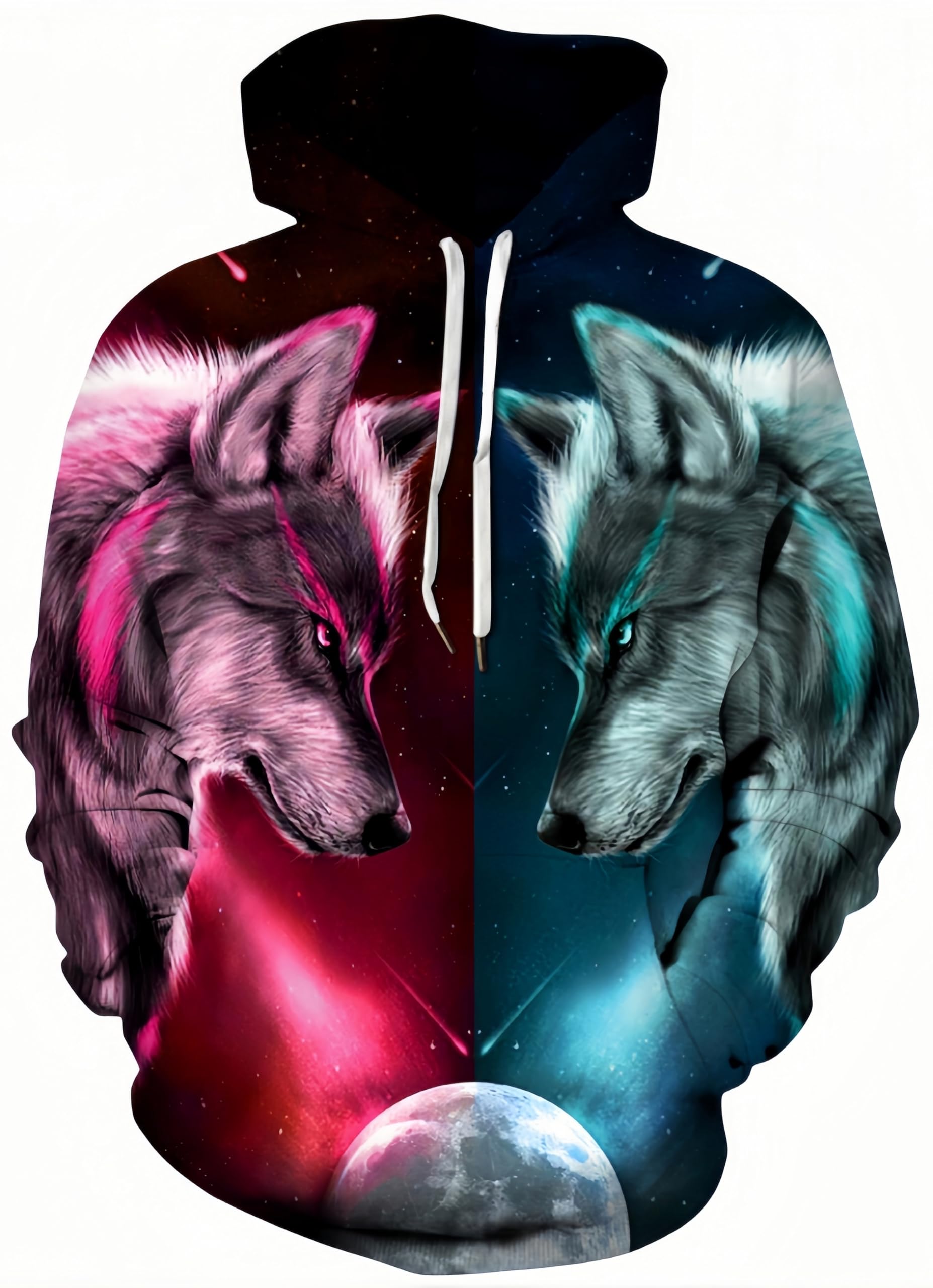 Ocean Plus Men's Hooded Pullover Long Sleeve Pullover Wolf Tiger Hooded Hoodie (XXL/3XL (Chest: 126-146CM), Double wolves)