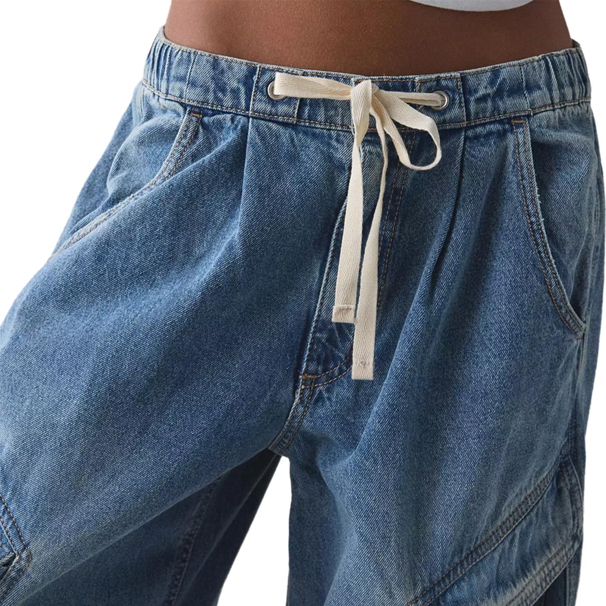 [XUSAI] レディース バギー ヴィンテージ ミッドライズ カーゴジーンズ 秋冬 カジュアル ルーズフィット ワイドレッグ デニ